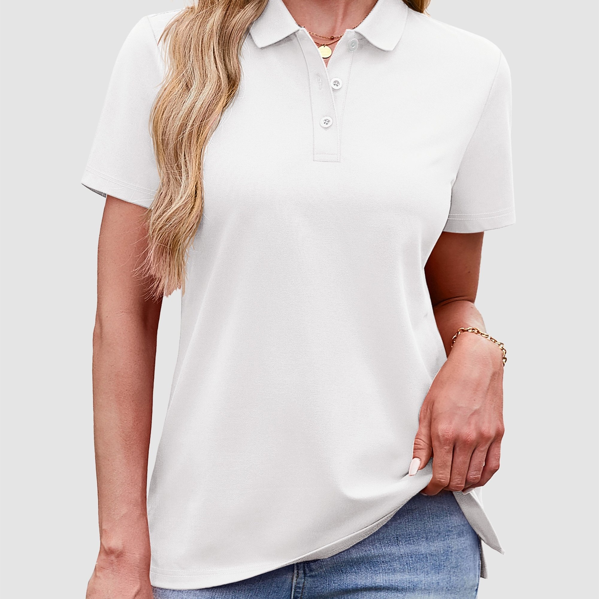 Women Short Sleeve Shirt Collared Shirt Shirt Business Casual Tee Uniform Top 3-button V-neck Breathable Stretchy Work Slit Hem Tag-free