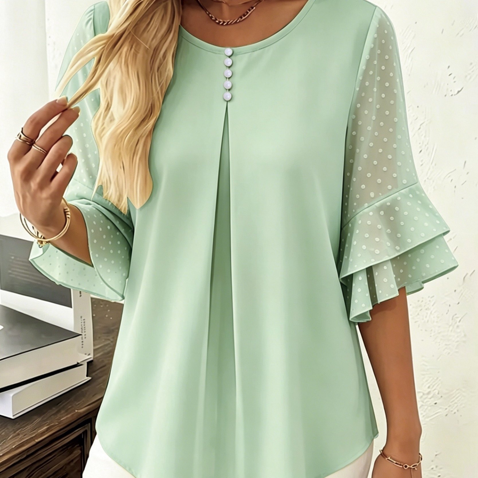 TEMU Plus Size - Elegant Fashion Summer Loose Small Polka Dot Solid Round Neck Pearl Button Shirt Flared Sleeve Lace Ruffle Top