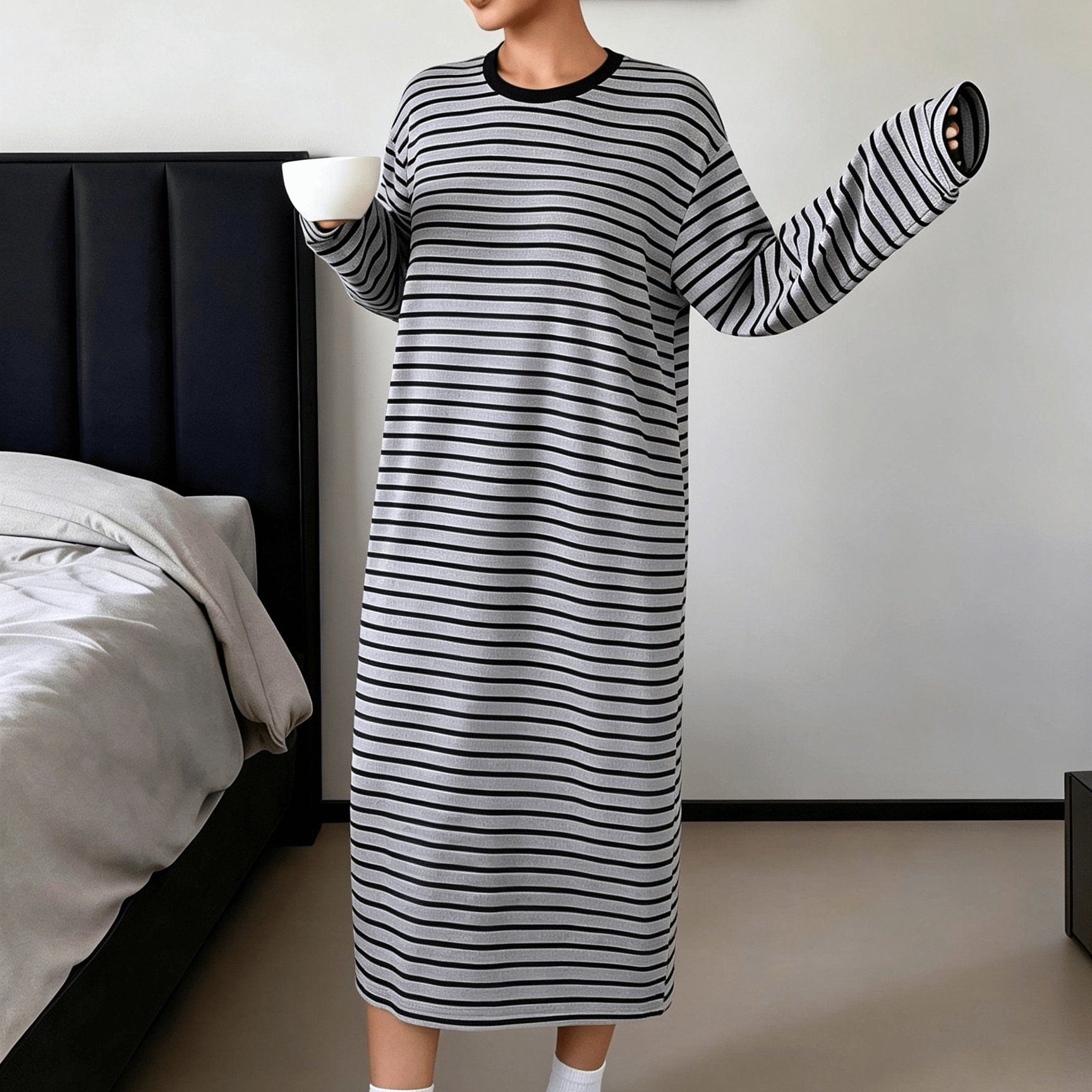 TEMU Women's Casual And Comfortable Simple-style Nightgown, Featuring A Round Neckline And Soft Striped Print, Suitable For Autumn And Winter