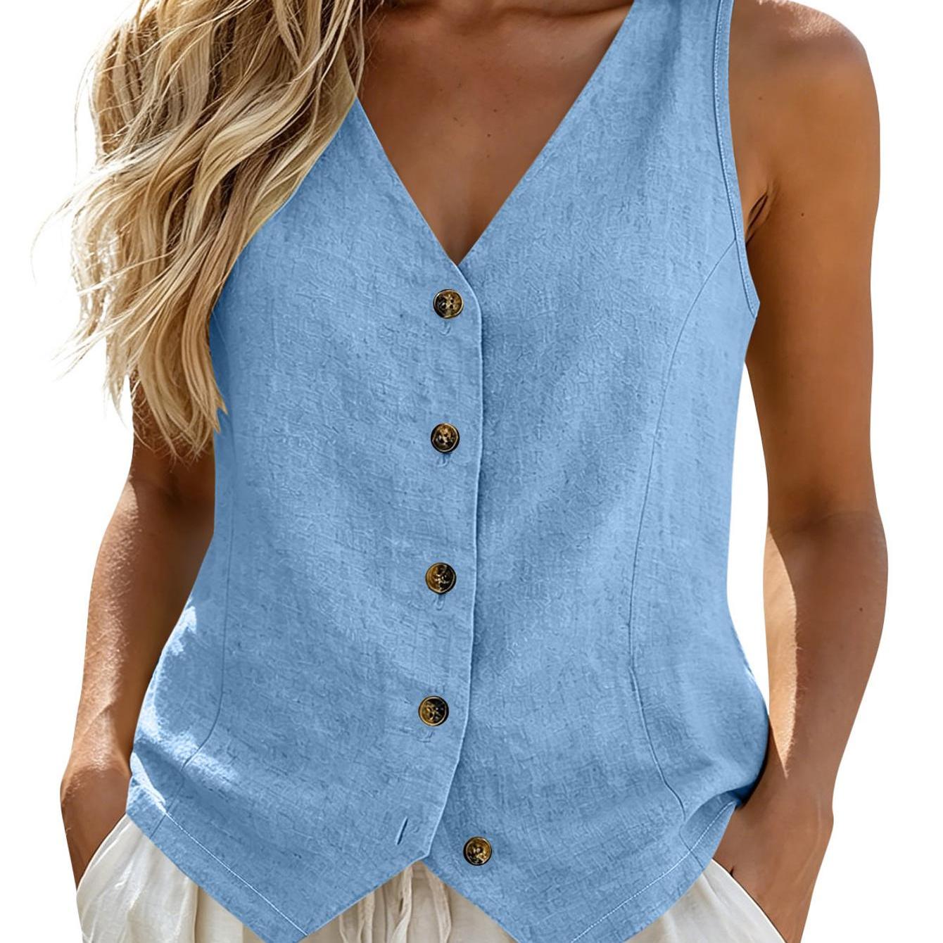 Image of Neck Button Sleeveless Vest, Solid Color Linen Texture Casual Slim Lightweight Breathable All Match Fashion Blouse For Daily Weekend Gathering Travel