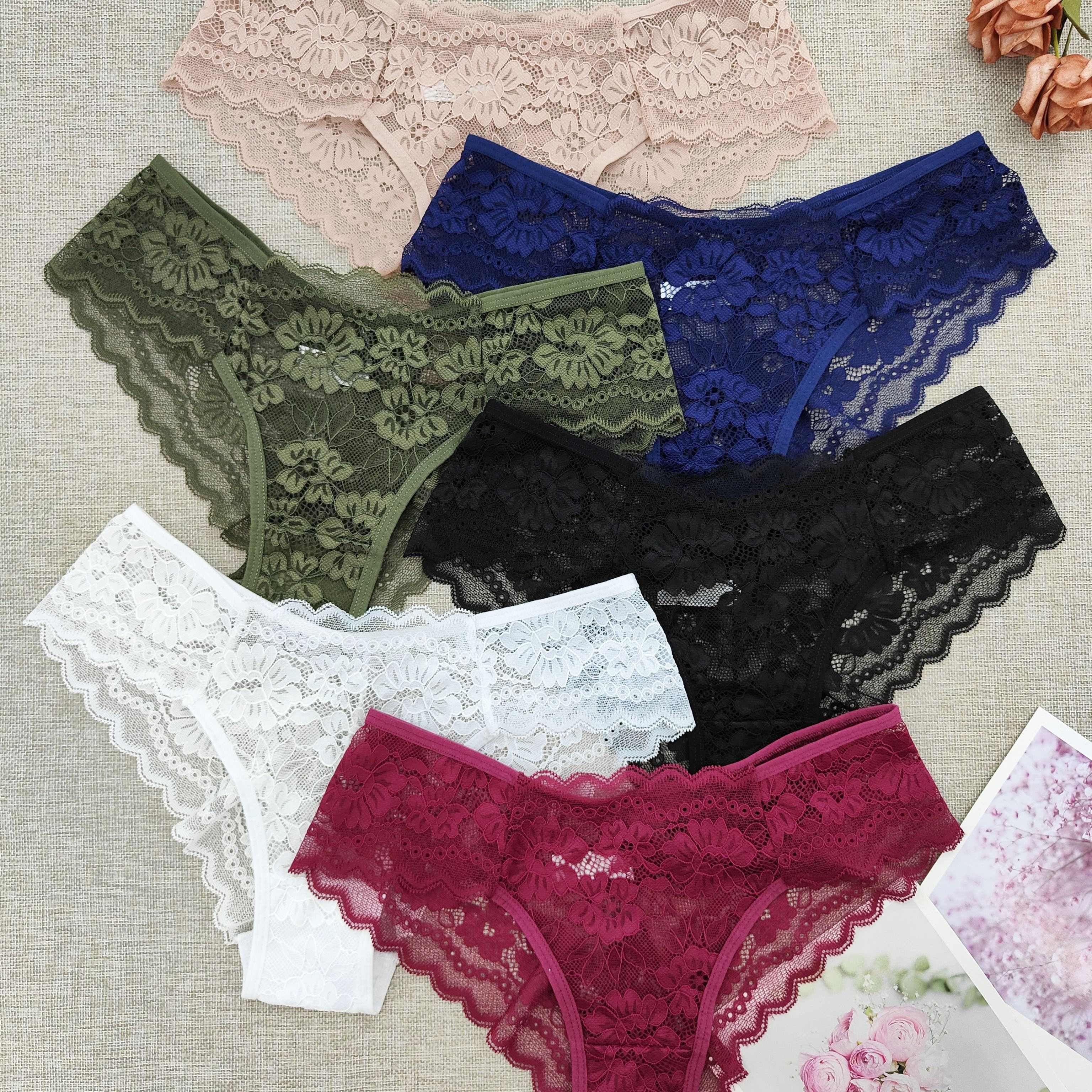 TEMU 6pcs Women's Lace Floral Low-rise Bikini Panties - Breathable Nylon Blend, Semi-sheer, Cute & Comfortable