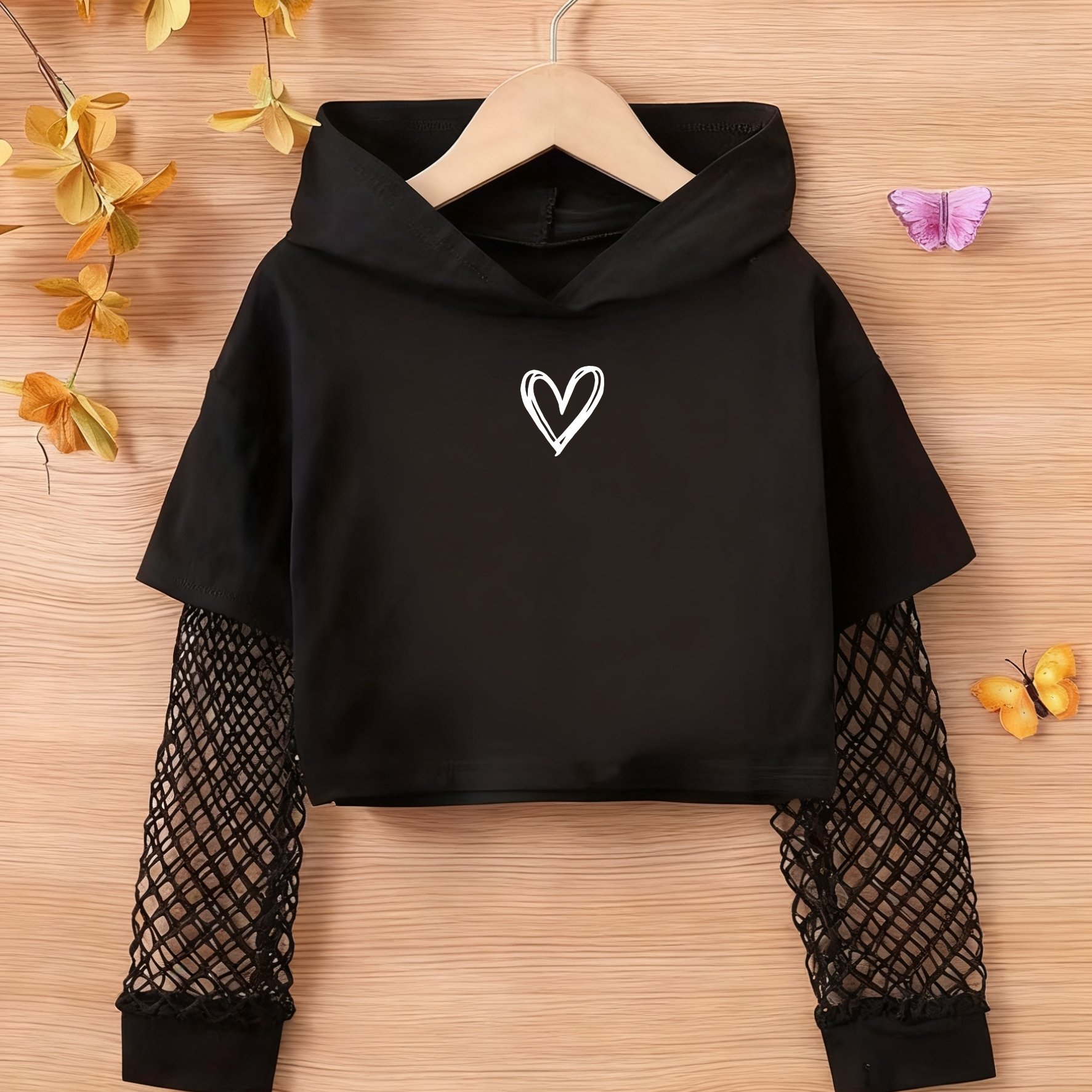 Image of Girls' Heart Pattern Print Hooded Long Sleeve T-shirt With Contrast Mesh | , Medium Stretch Fabric, Drop Shoulder, Short Length, Suitable For Spring/summer/fall