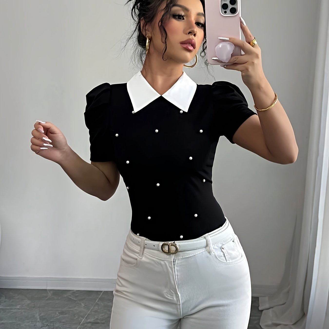 TEMU Women's Elegant Shirt Collar With Pearl Decoration Slim T-shirt