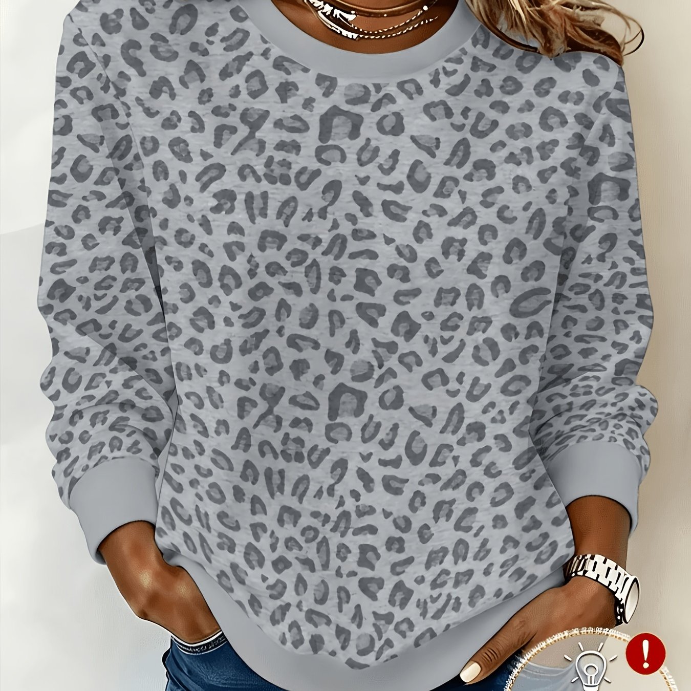 TEMU [printed Design – Not Textured] Women's Crew Neck Sweatshirt - Relaxed Style Loose Fit Gray Leopard Print Top - Autumn/winter Versatile Korean
