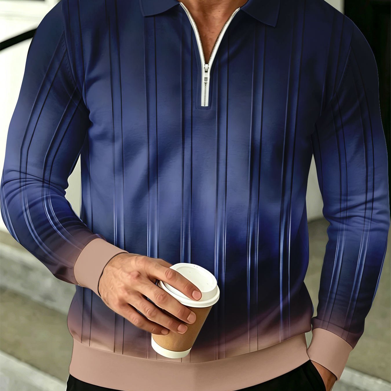 Image of New Arrival Men's Half Zip Long Sleeve Shirt Outdoor Outfit Navy Gradient Vertical Striped Texture Color Block Long Sleeve Top Casual Men , Plus Size