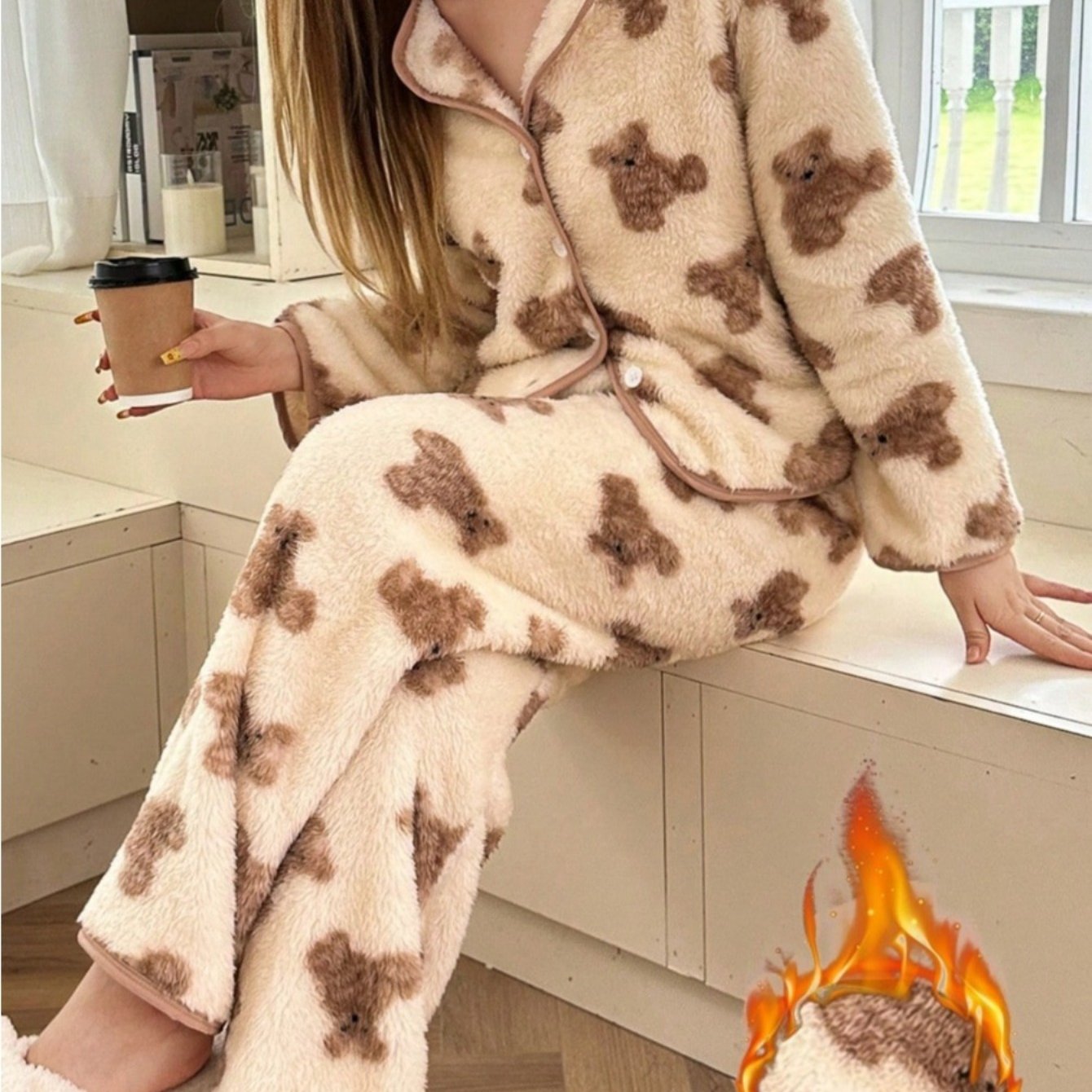 TEMU New Winter Women's Warm Lapel Pajama Set, Cute Bear Pattern Casual Loungewear Set