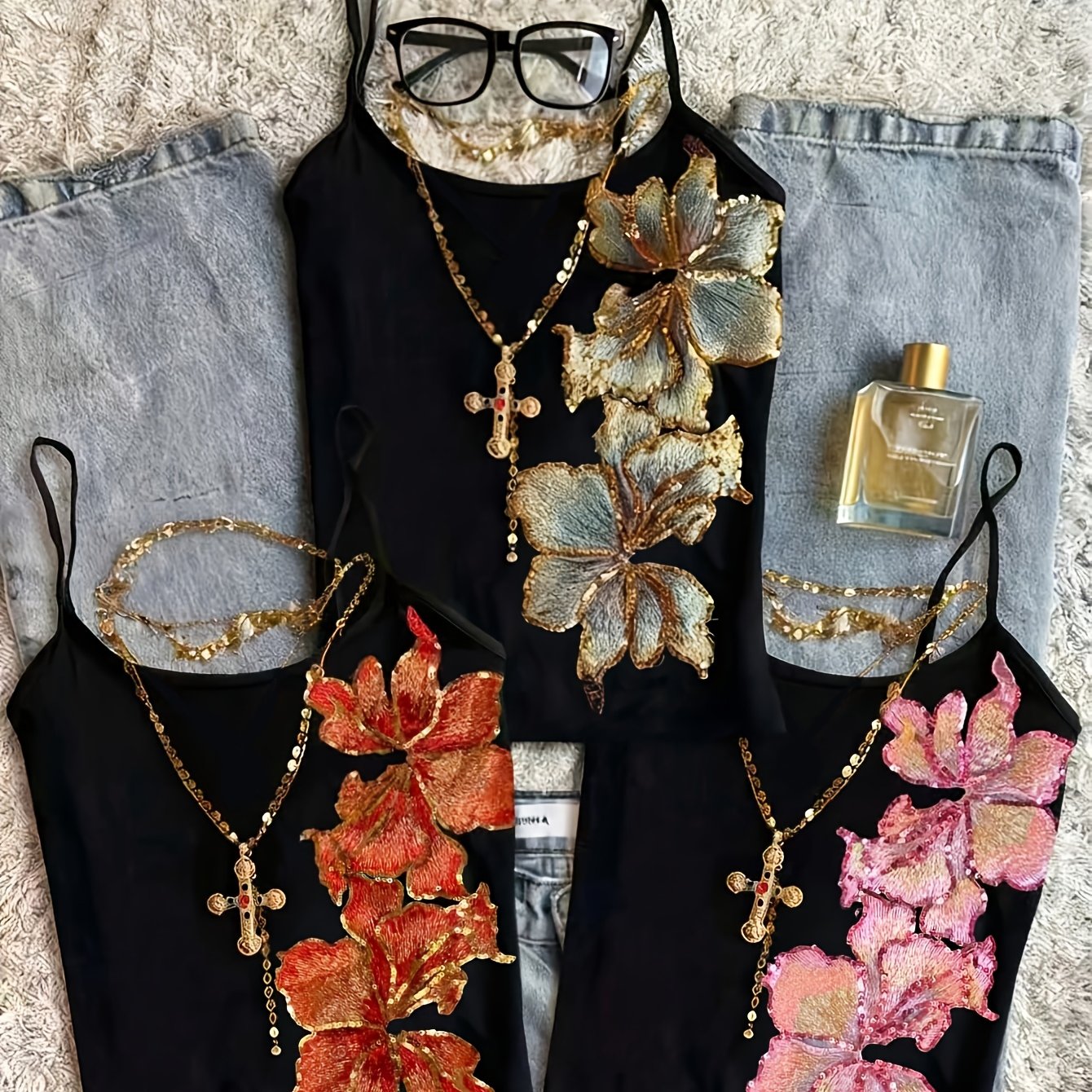 Image of 3pcs Set Y2k Style Women's Vintage Floral Embroidered Sequin Camisole Sleeveless Spaghetti Strap Top, Elegant Outerwear For Parties And Summer Vacations