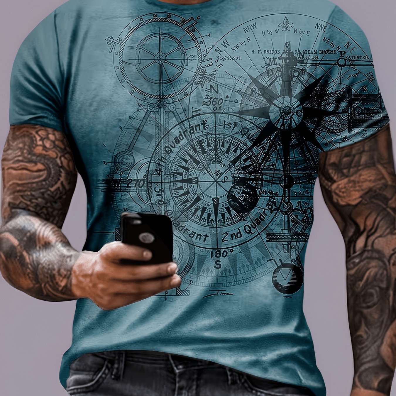 TEMU [printed Design - Not Textured] Men's Casual Blue T-shirt With Compass And Gear Pattern - Short Sleeve, Polyester Material, Suitable For