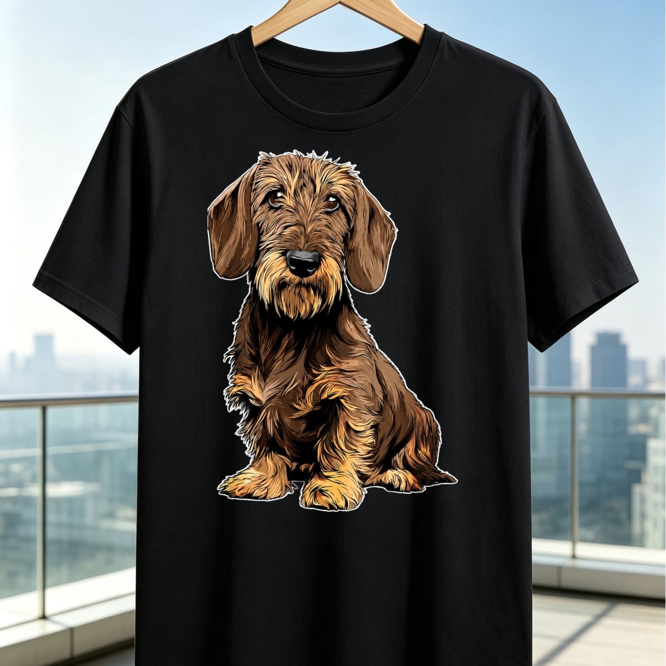 Brown Wirehaired Dachshund Portrait T-shirt With Outline Seated Dog Long Ears And Detailed Shaggy Fur Art Unisex T-shirt