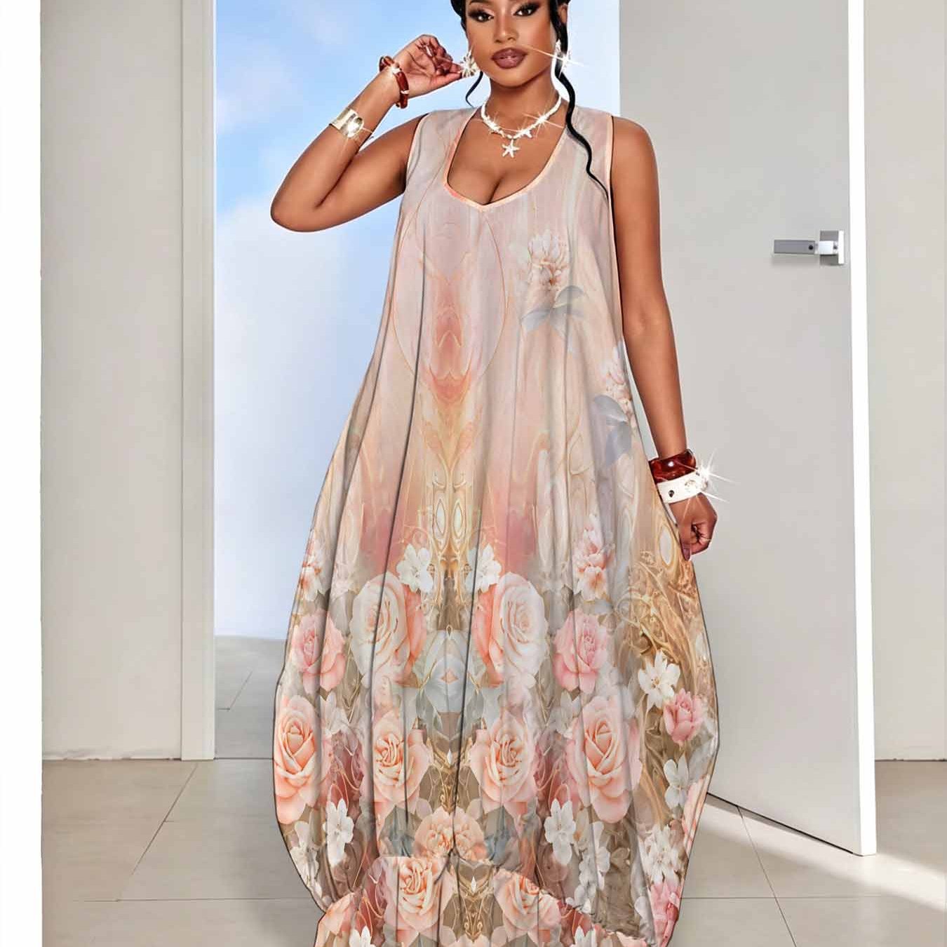 Image of Plus Size Rose Floral Print Dress, Women's Sleeveless Off-shoulder Loose Long Dress With Hem. Loose. Pastel. Elegant Romantic Aesthetic Style Flowy Soft Dress