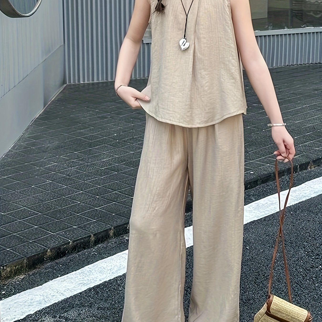 Girls' 2pcss Set, Casual Fashion Easy Style Solid Sleeveless Top And Solid Easy Wide-leg Pants 2pcss Outfit, For Outdoor