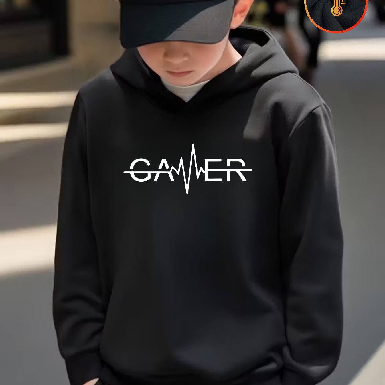 Image of Boys' Thick Long Sleeve Hooded Sweatshirt | Gamer Heartbeat Design, Casual Crew Neck, Perfect For And Style In , Fall/winter Season, Loose Fit, For Teenager