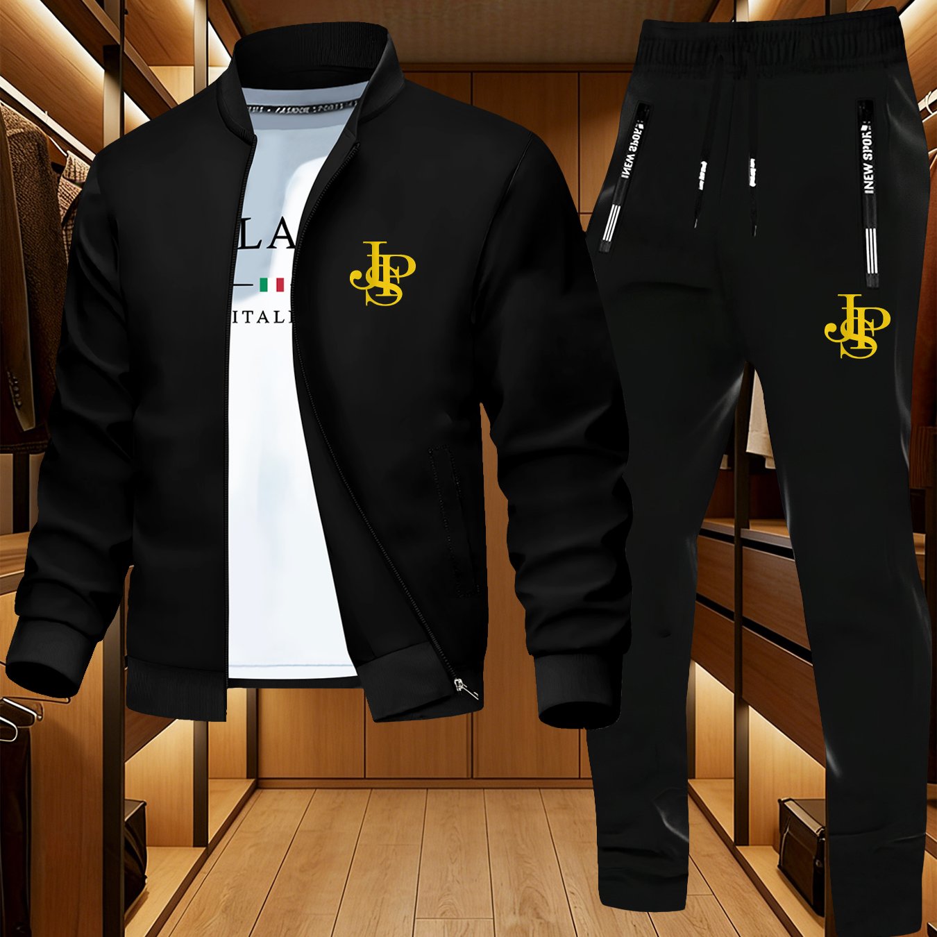 TEMU A Two-piece Set Consisting Of A Fitted Men's Jacket And Athletic Long Pants, Featuring A Golden Decorative Print, Made From Smooth Fabric,