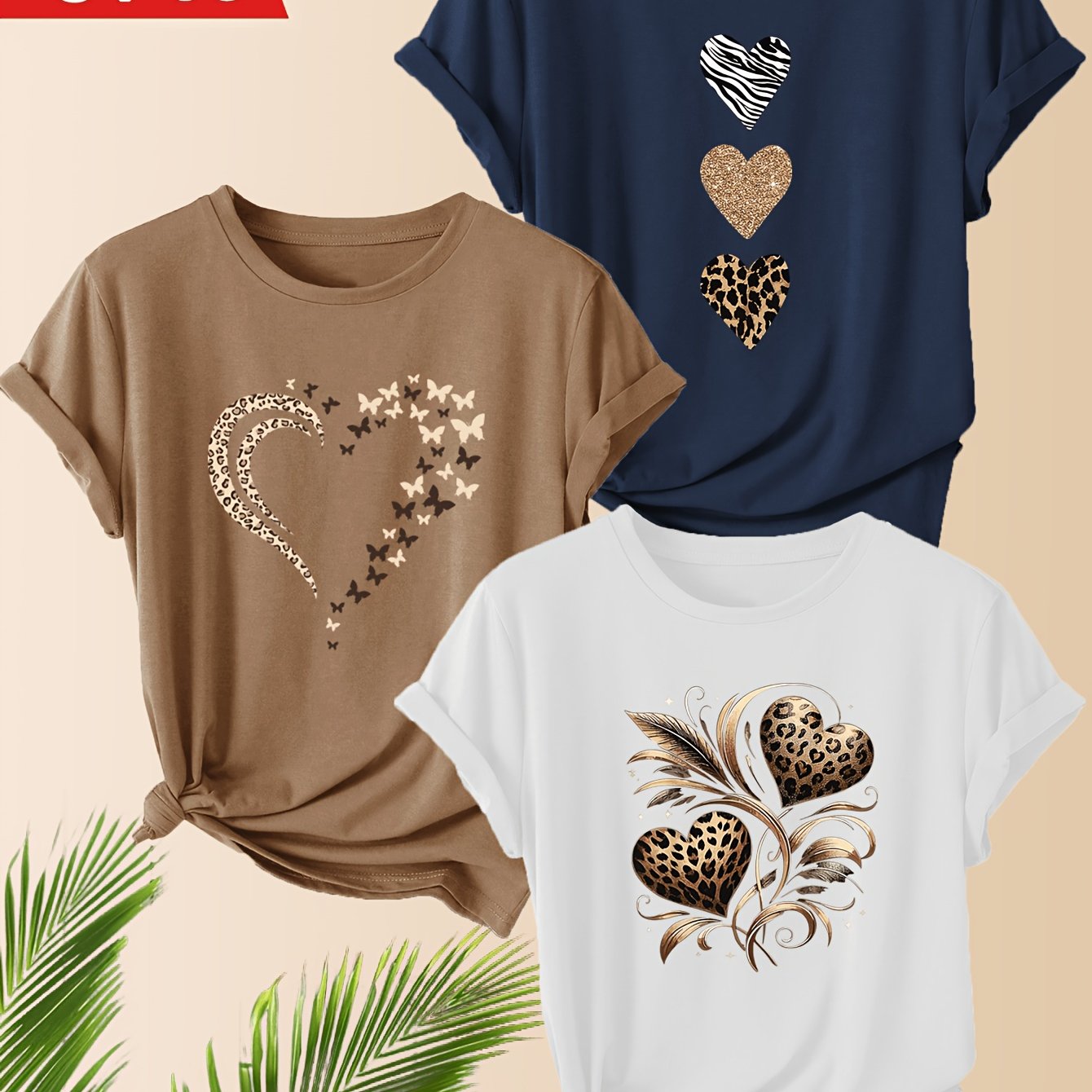 TEMU A Set Of 3 Women's Short-sleeve T-shirts With A Round Neck, Featuring A Leopard Print , Suitable For , Versatile And Comfortable, Perfect For
