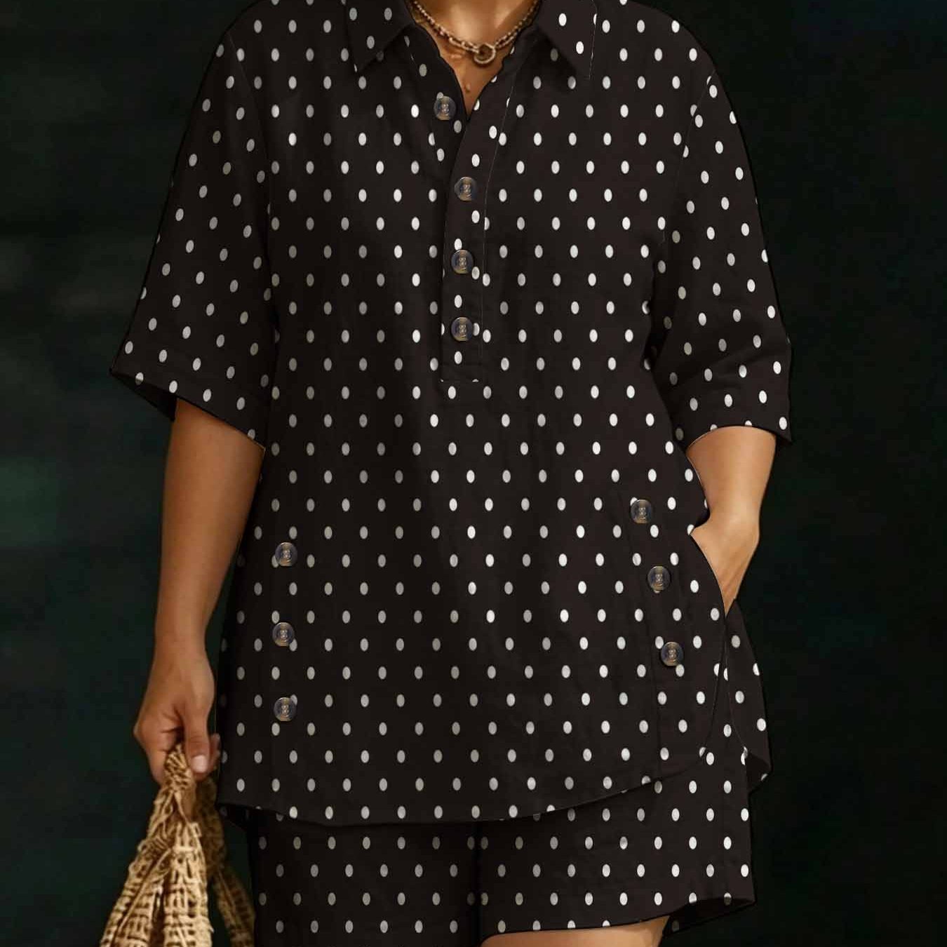 Image of Plus Size, Plussize Women's Twopiece Polka Dot Set, Chic Casual Pocket Shirt And Shorts Set, And White Outfit For Daily Wear.