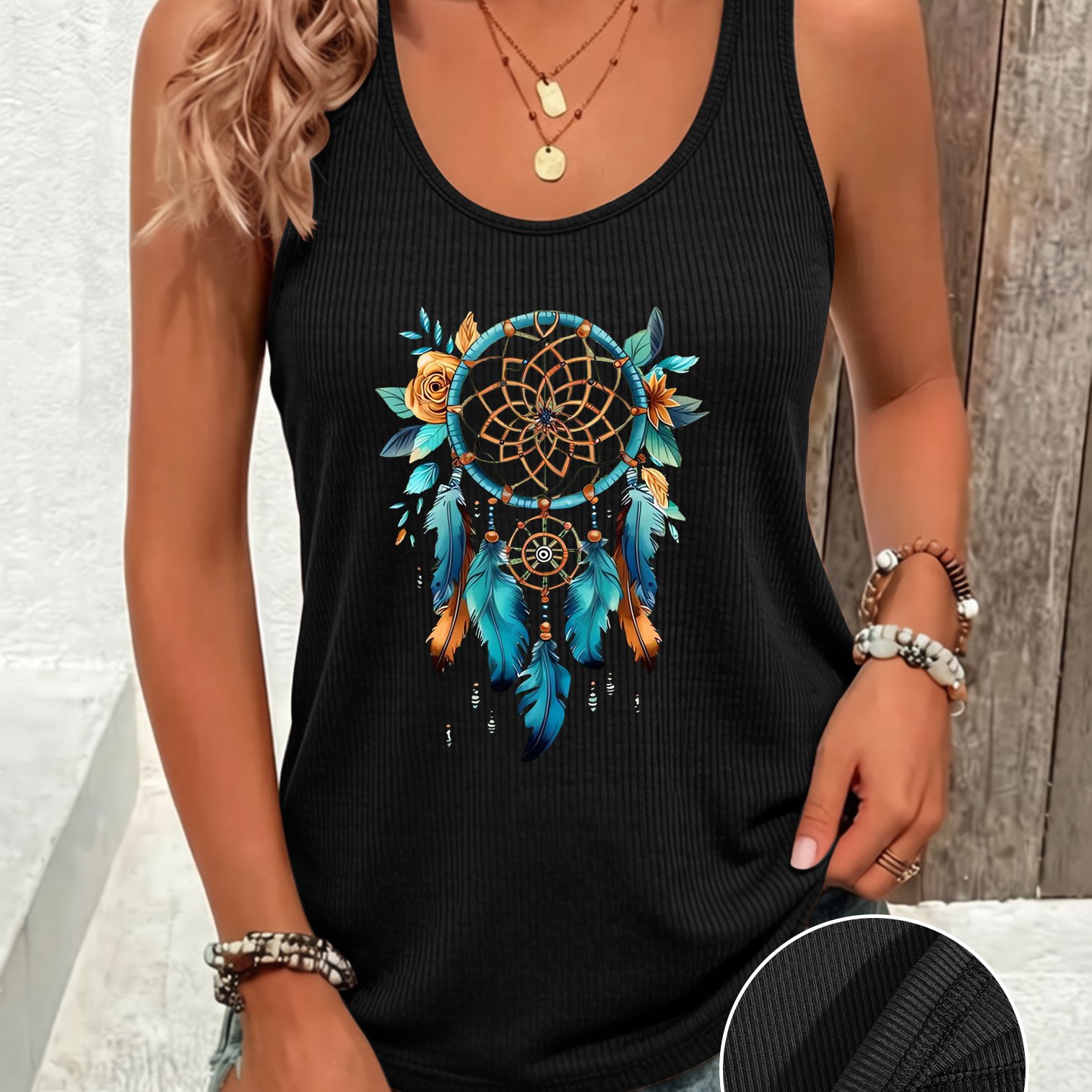 TEMU Women's Sleeveless Off-shoulder Long Tank Top With Dreamcatcher Print & Ribbed Trim - Opaque Backless Style Shirt Suitable For Home, Commuting,