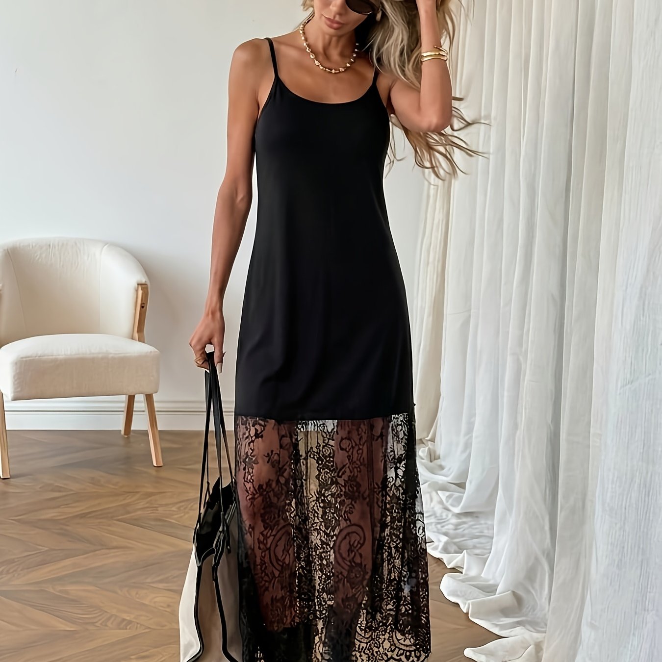 Women's Fashionable Casual Lace Stitching Suspender Mid-length Dress, Soft Lace Stitching, Summer Fashion, Floral Lace Details, Ideal For Vacation, No Belt