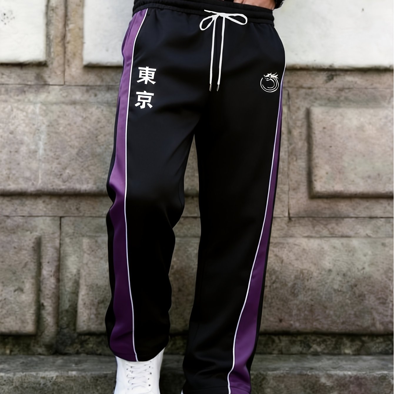 TEMU Men's Color-block Side Stripe Print Joggers, Style Windproof Long Pants, Men's Sportswear, Straight-, Printed Design, Plus Size, Of Slim Fit And