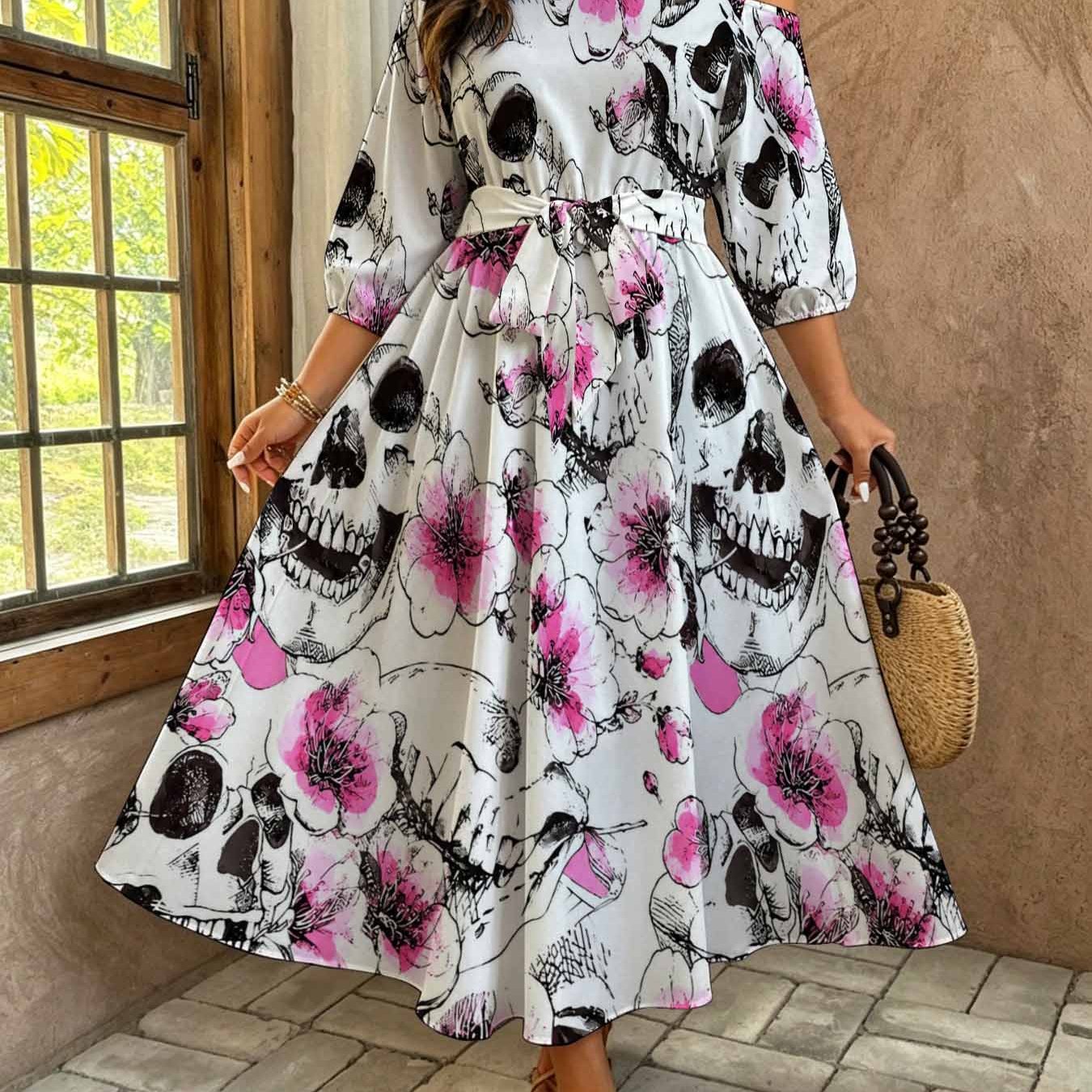 Image of Plus Size Women's Gothic Floral Skull Print Off-shoulder Maxi Dress, Vintage Artistic Summer Casual Belted Elegant Maxi Dress, Boho & Edgy Fashion, Black And Pink Aesthetic