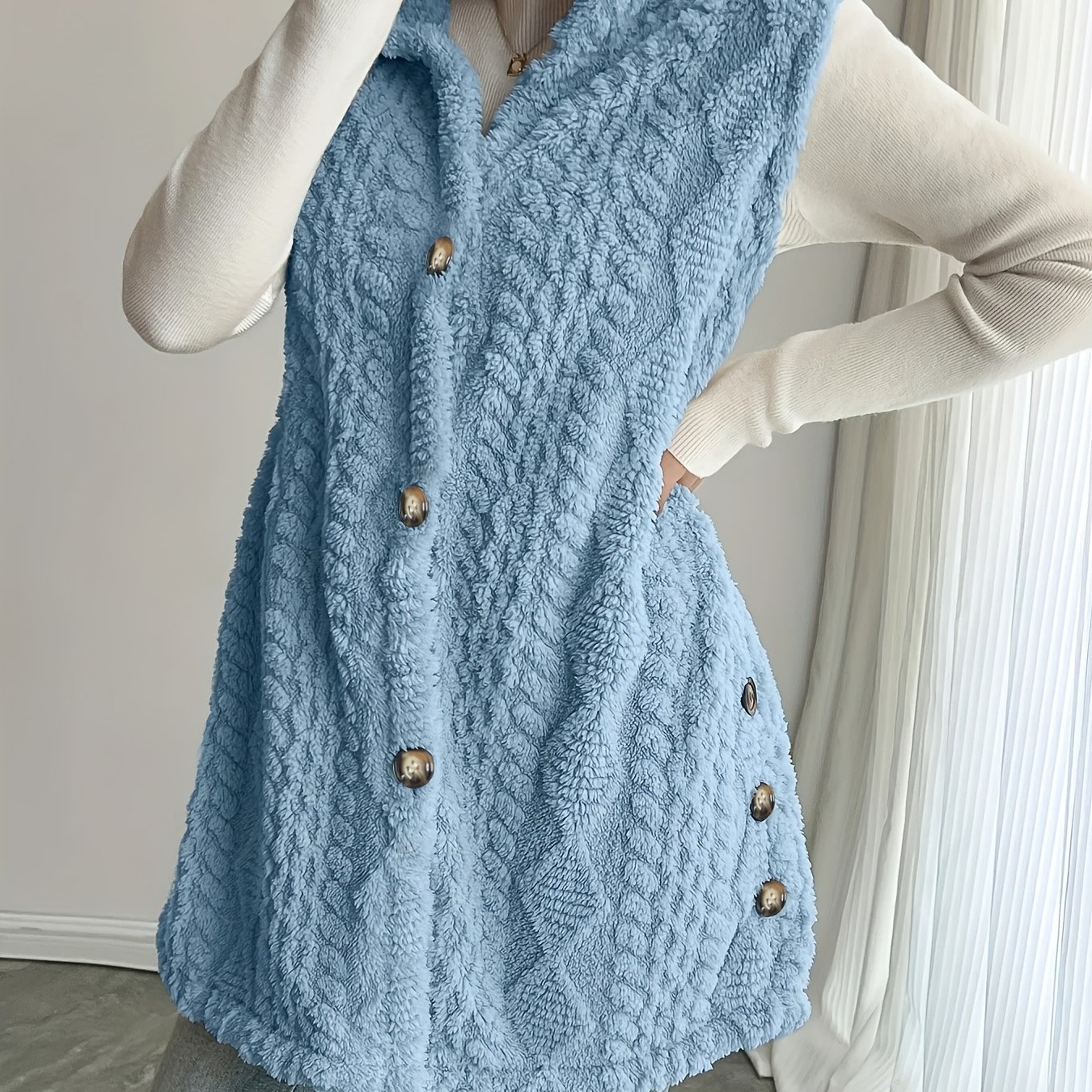 TEMU European And Solid Color Double-sided Jacquard Herringbone Pattern Hooded Button-up Warm Vest Cardigan