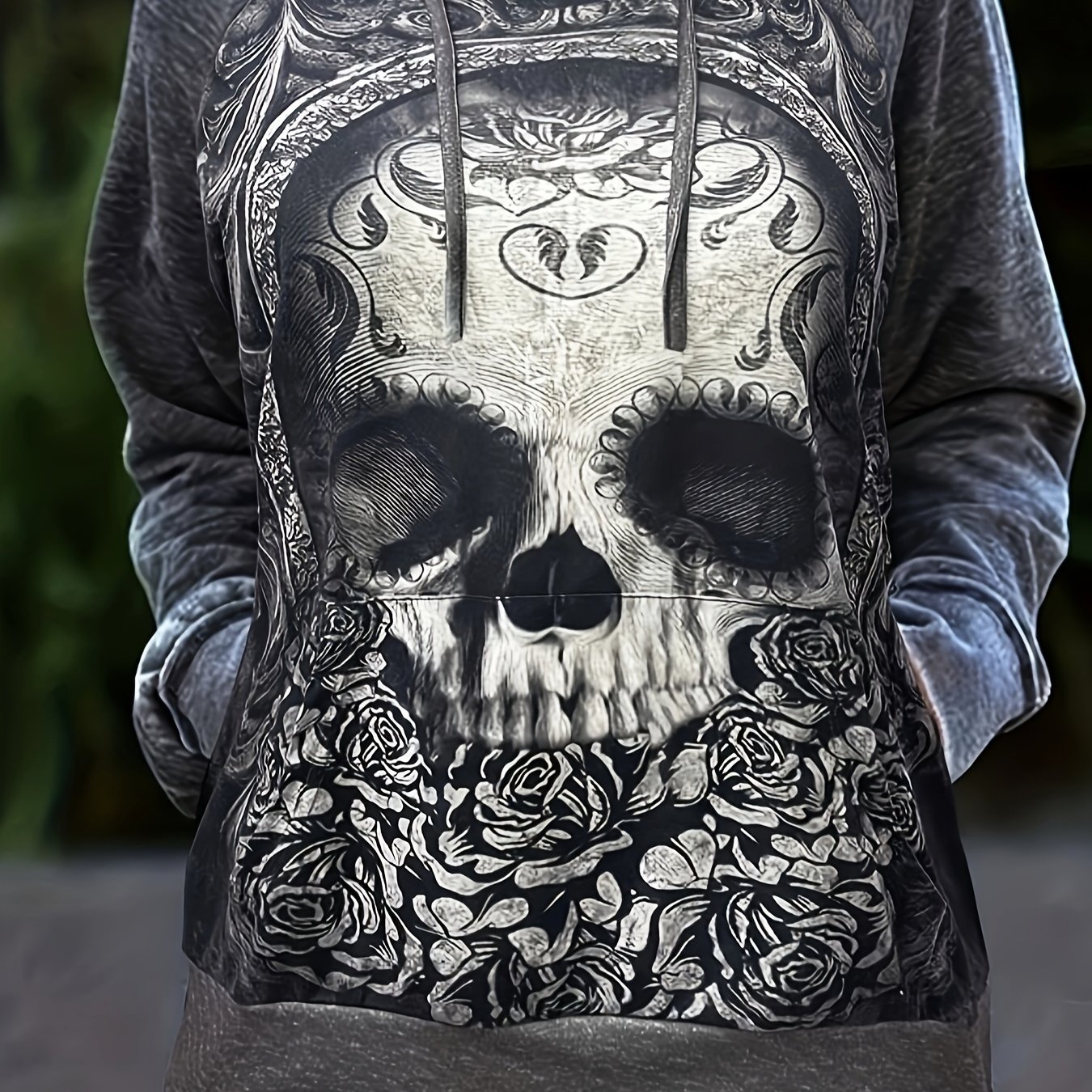 Skull Print Drawstring Hoodie, Casual Long Sleeve Kangaroo Pocket Sweatshirt For Fall &amp; Winter, Women&#39;s Clothing