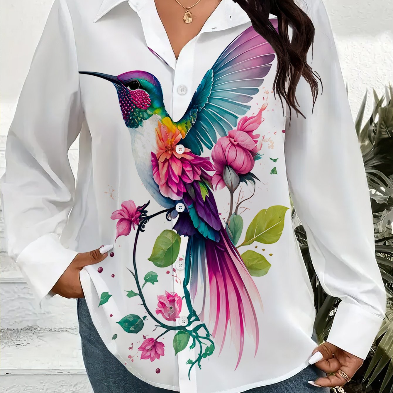TEMU Women's Plus Size 1xl-9xl Long Sleeve Button- Shirt With Hummingbird And Floral Print Lightweight Casual Loose Fit Blouse For Daily Wear Spring