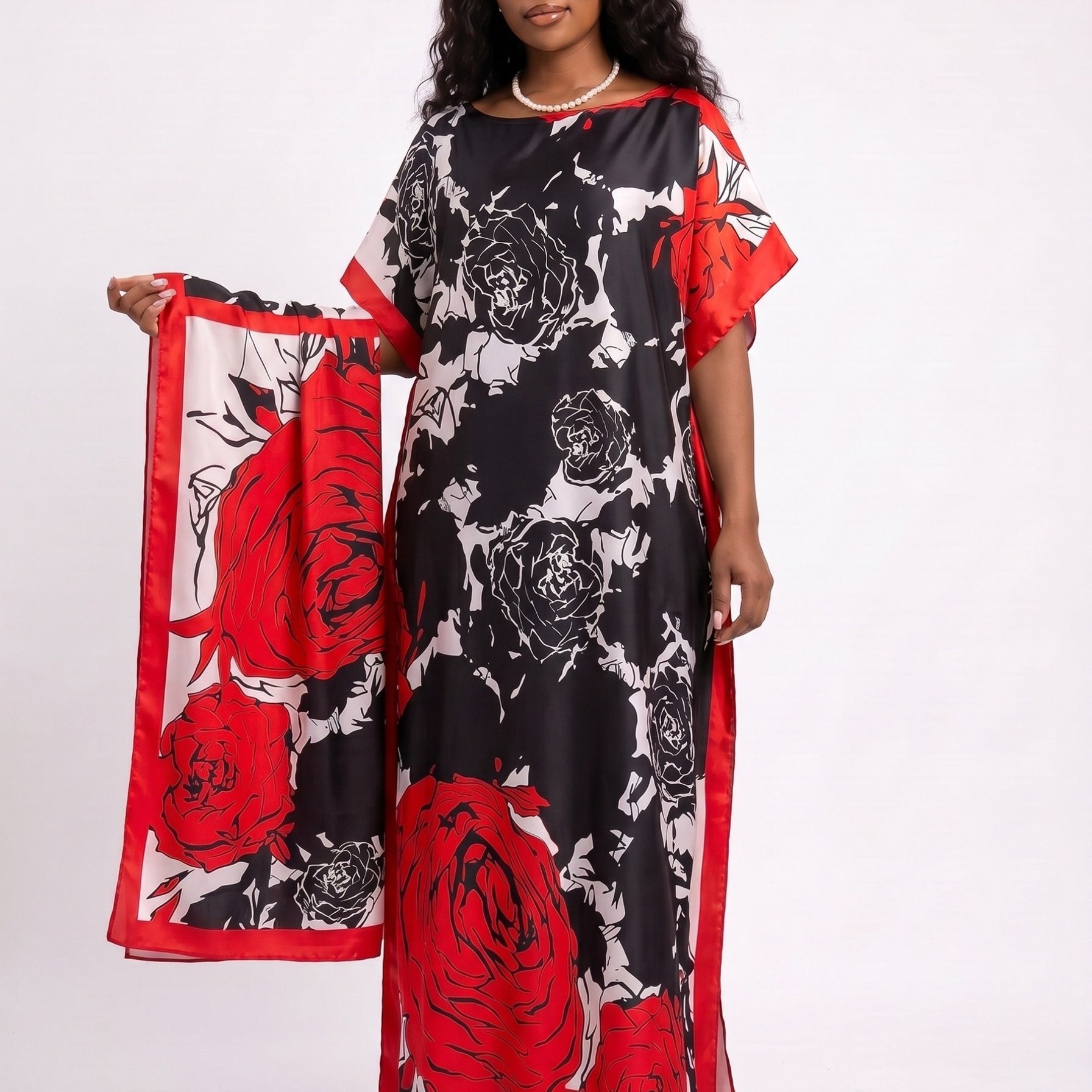 TEMU Plus Size, 1pc Kaftan With Matching Scarf Classic Oversized Red Black White Rose Print Loose Fabric For Women Daily Wear Beach Vacation Summer