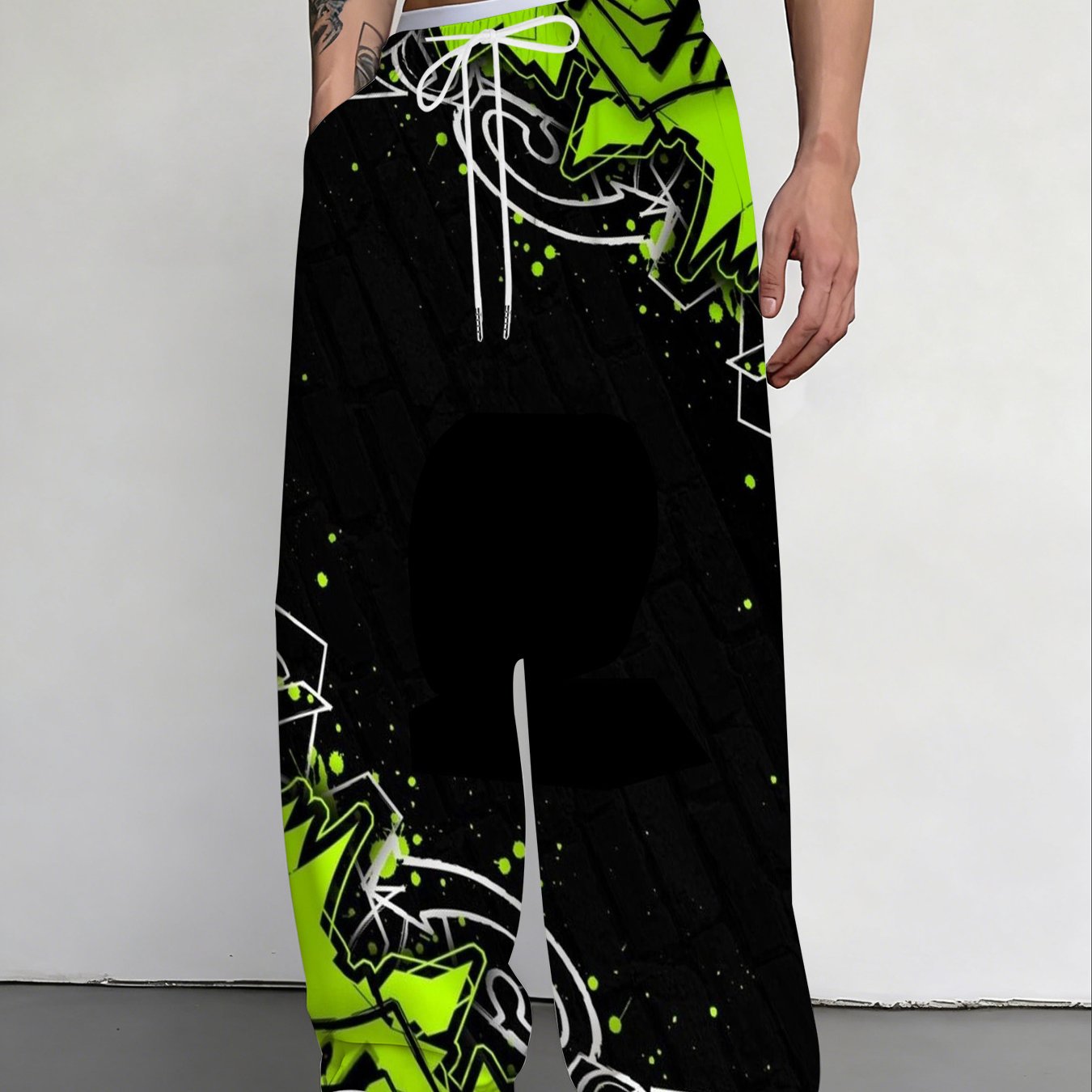 TEMU Men's Neon Graffiti Full-body Print Wide-leg Pants - Loose-fit Straight-leg Trousers With Neon Green For Casual Wear, Parties & Themed Events
