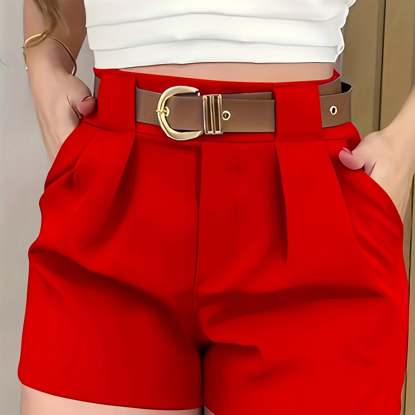 TEMU Elegant Solid Color Shorts, Polyester, Zip Closure, Non-stretch Fabric - Spring/summer/fall, Casual, Without Belt