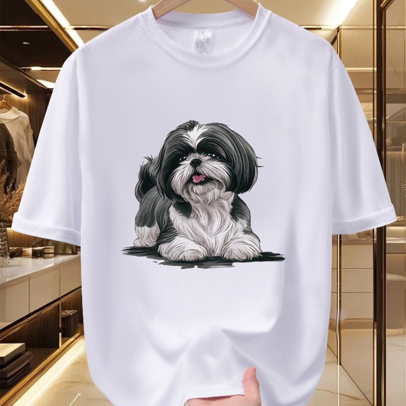 TEMU Men's Graphic T-shirt - Adorable Shih Tzu Design, Soft And Breathable, 100% Polyester Fiber, Print, Crew Neck, Short Sleeve Summer T-shirt, Dog