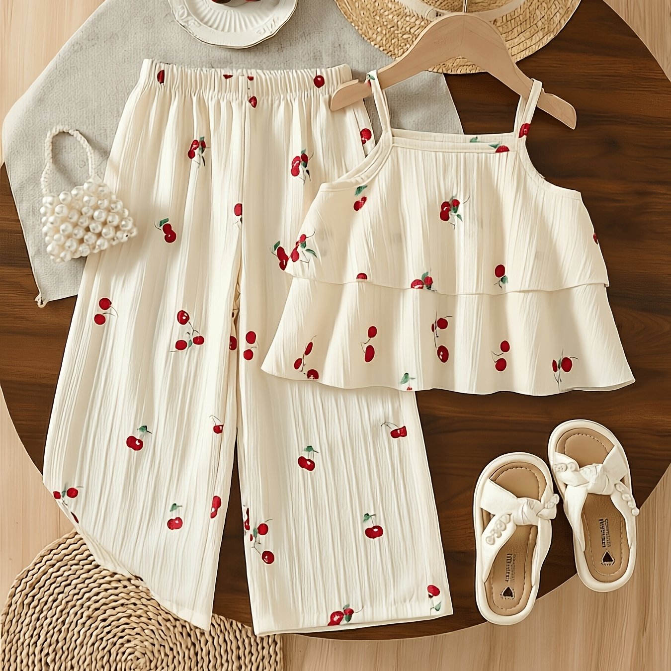 2pcs Girls' Long Pants Set, Cute Summer Outfit, Cream-colored Cherry Print Spaghetti Strap Camisole + Wide-leg Pants 2pcs Set, Perfect For Outdoor