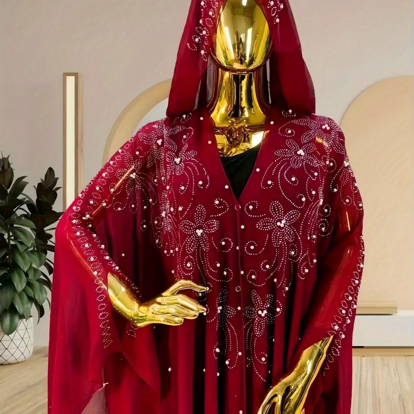 E-shop Abaya Afrikanischer Mittlerer Perlenbesetzter Robe Kleid, Umhang Schal Cape Ethnische Muslimische Diamantbesetzte Robe, Halloween Party Kostüm