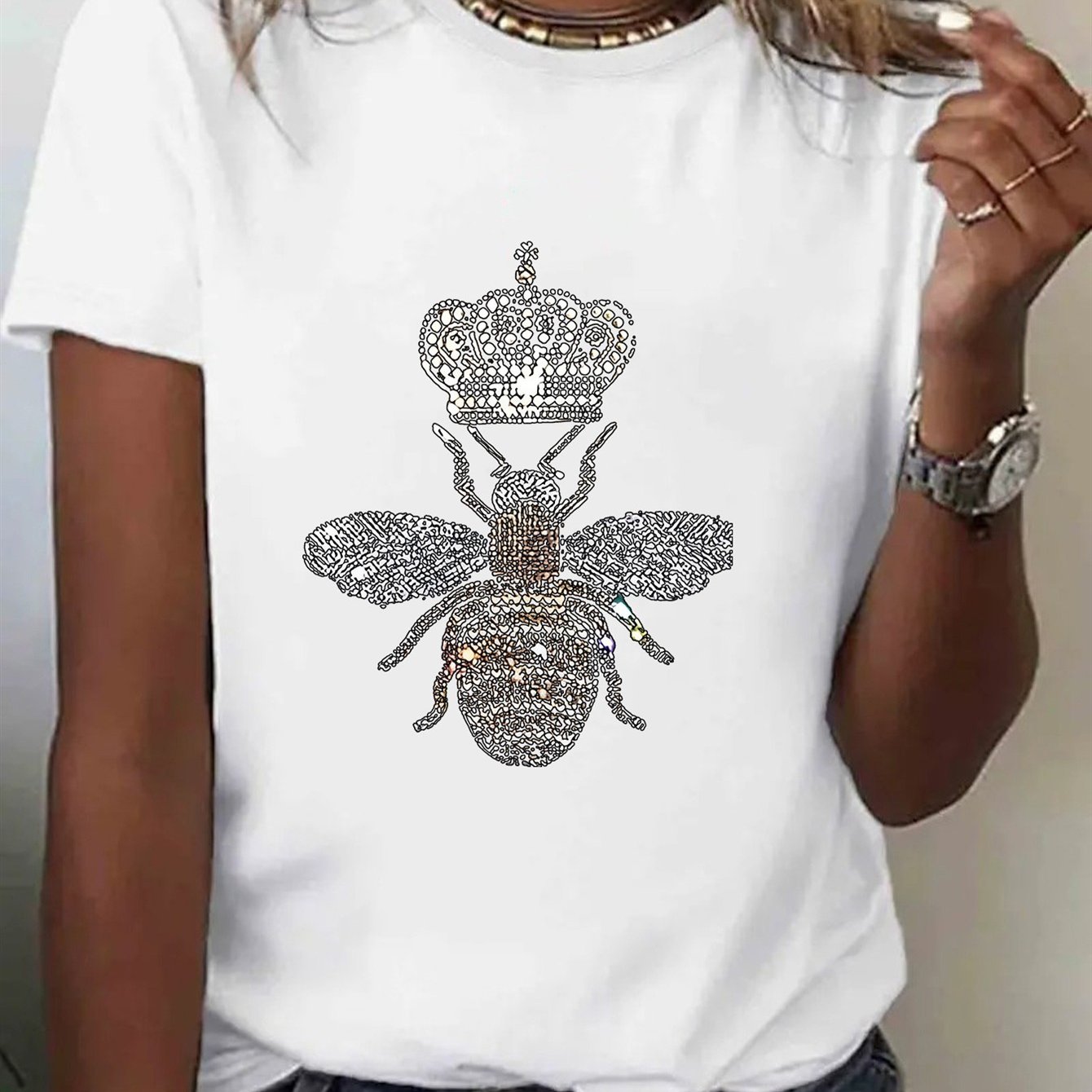 TEMU Plus Size, 1pc Women's Black Bee Crown Graphic T-shirt | Breathable Round Neck Short Sleeve Top With Sparkling Gemstone Design, Soft Texture,