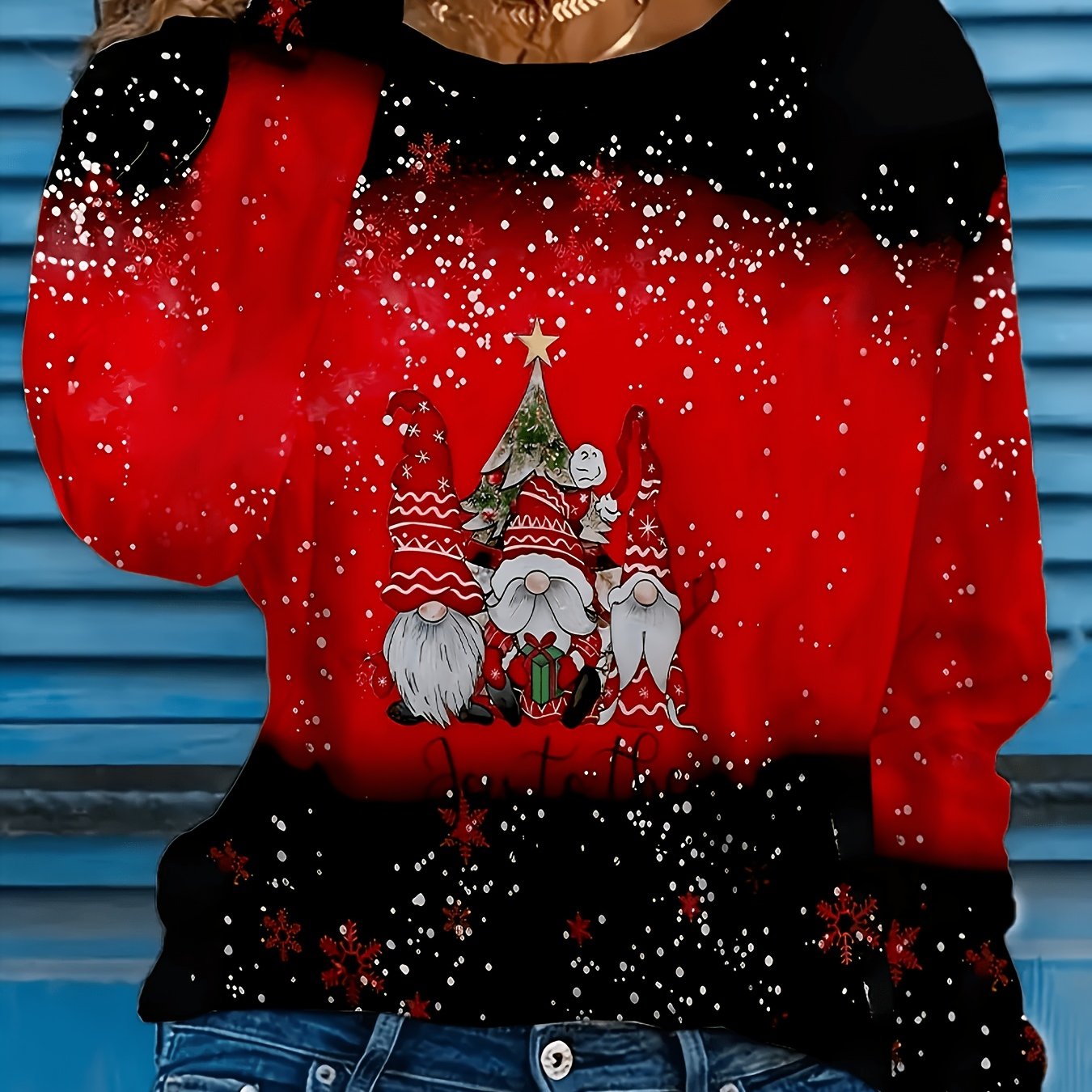TEMU A Casual Sweatshirt Featuring A Christmas Gnome Design, With Long Sleeves And A Round Neck