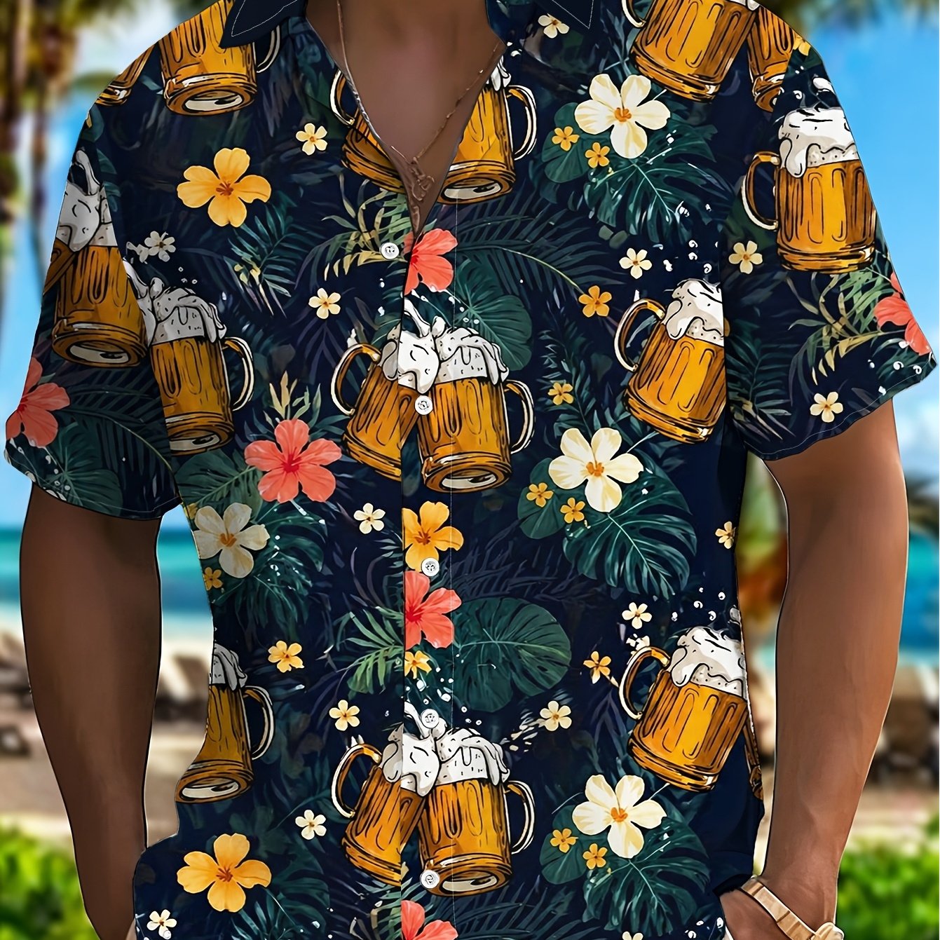 TEMU Men's Tropical Beer & Palm Flower Button-up Shirt - Lightweight Breathable Short-sleeve Collar Beach Shirt Suitable For Golf, Outdoor, Casual