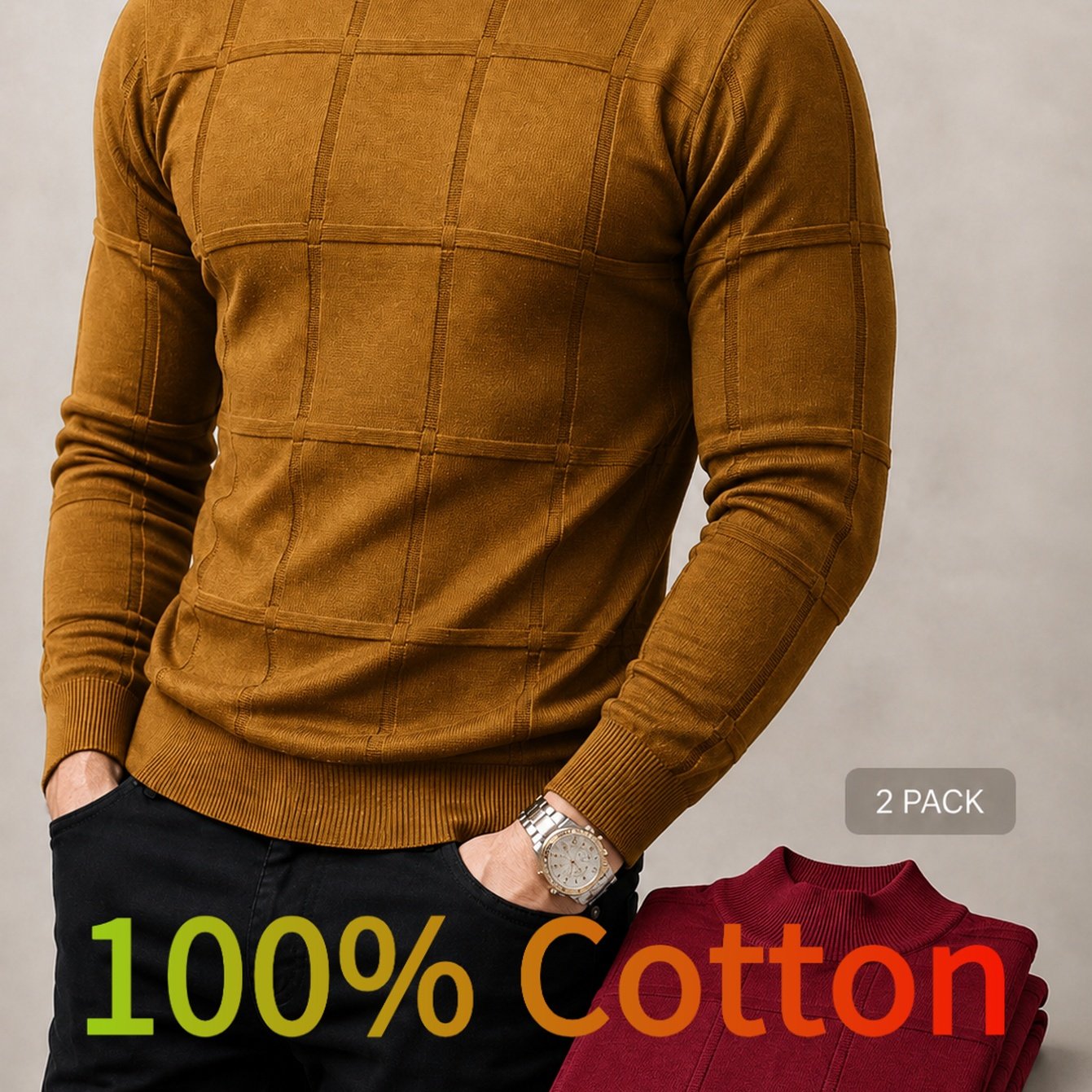 Image of Aw26 Men's 2pcs Turtleneck Sweater, Vintage Checkered Embossed Jacquard Knit Sweater, Men's Autumn/winter Warm Commuting Pullover For Inner And Outer Wear