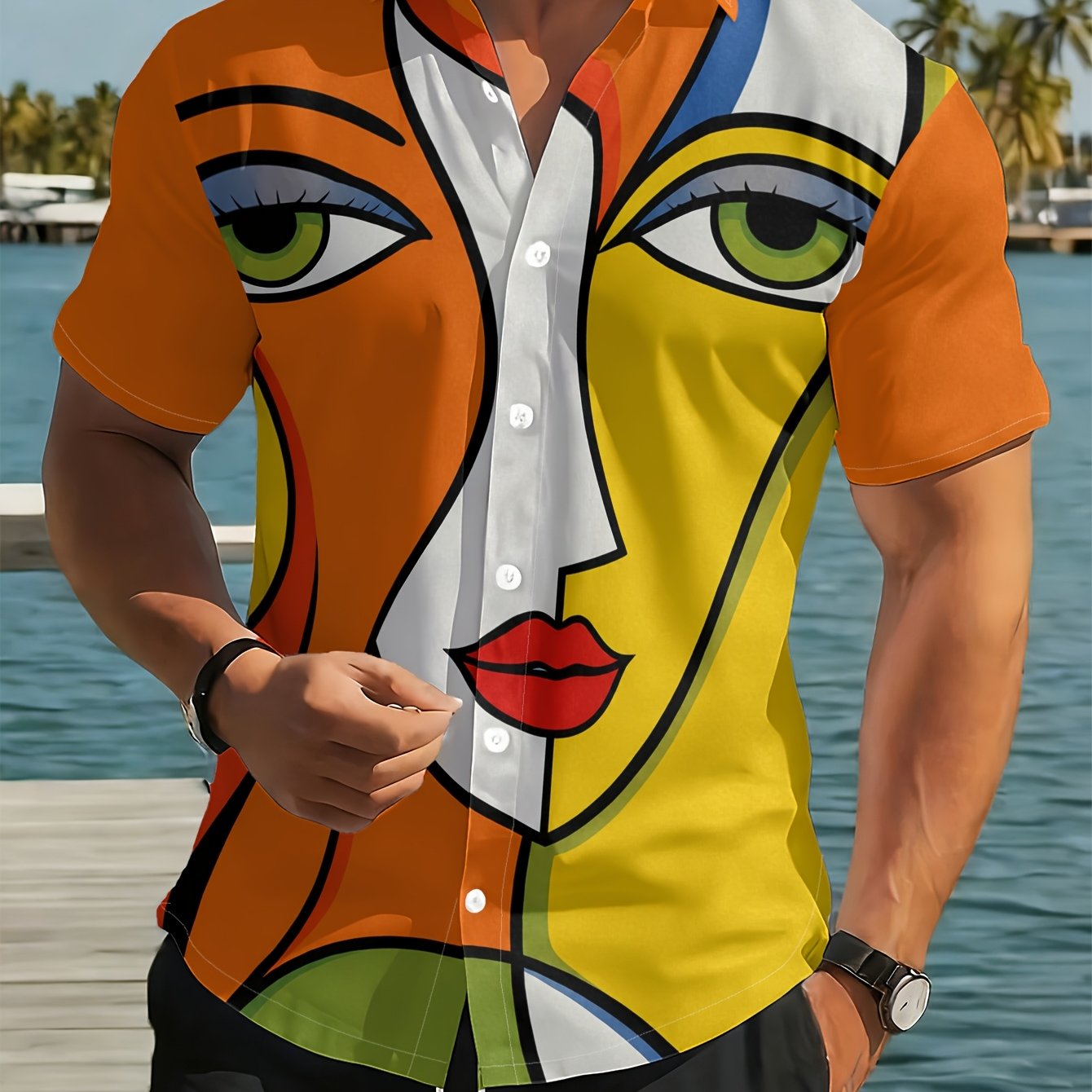 TEMU [printed Design - Not Textured] Men's Casual Short Sleeve Shirt, Vibrant Abstract Female Face Artwork, Fashionable All-match Beach Vacation