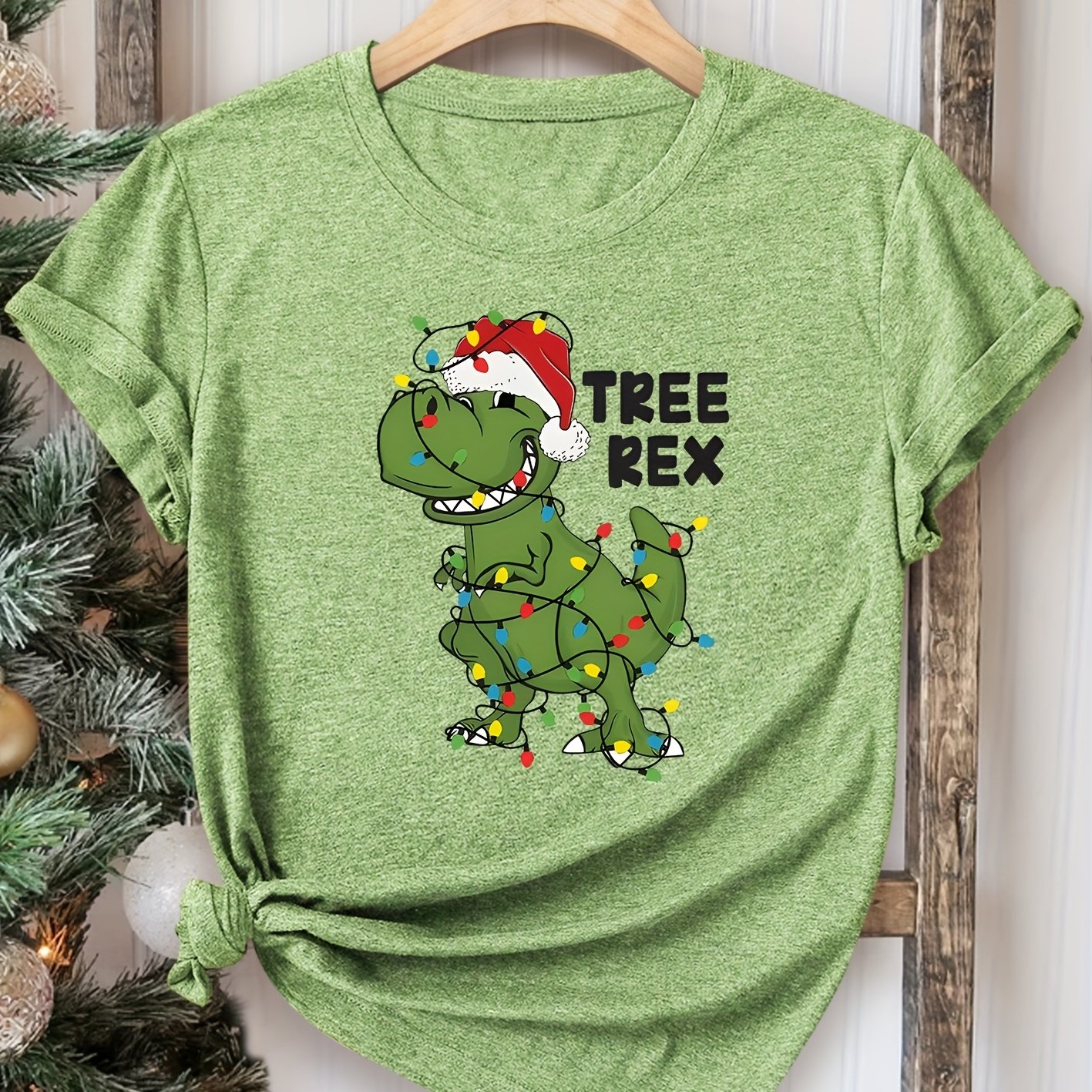 TEMU Christmas Elegant Women's T-shirt With Christmas Hat And Colorful Lights | Vintage Crew Neck, Medium Stretch Fabric, Drawing Pattern, Suitable