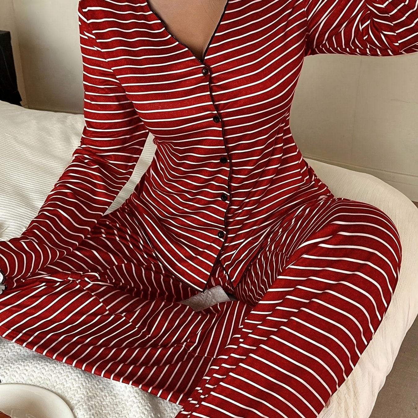 TEMU Ensemble de pyjama d'automne pour femmes à col rond, décontracté, , à rayures et imprimé, comprenant un cardigan et un pantalon à manches