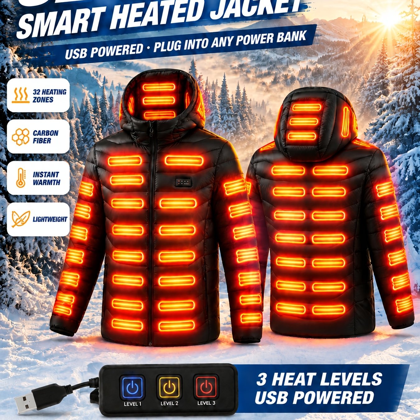 TEMU Men' & Women' Heated Jacket Usb-powered 32-zone Hooded With 3-temperature Settings,, Machine Washable Suitable For Outdoor, Commuting, Winter