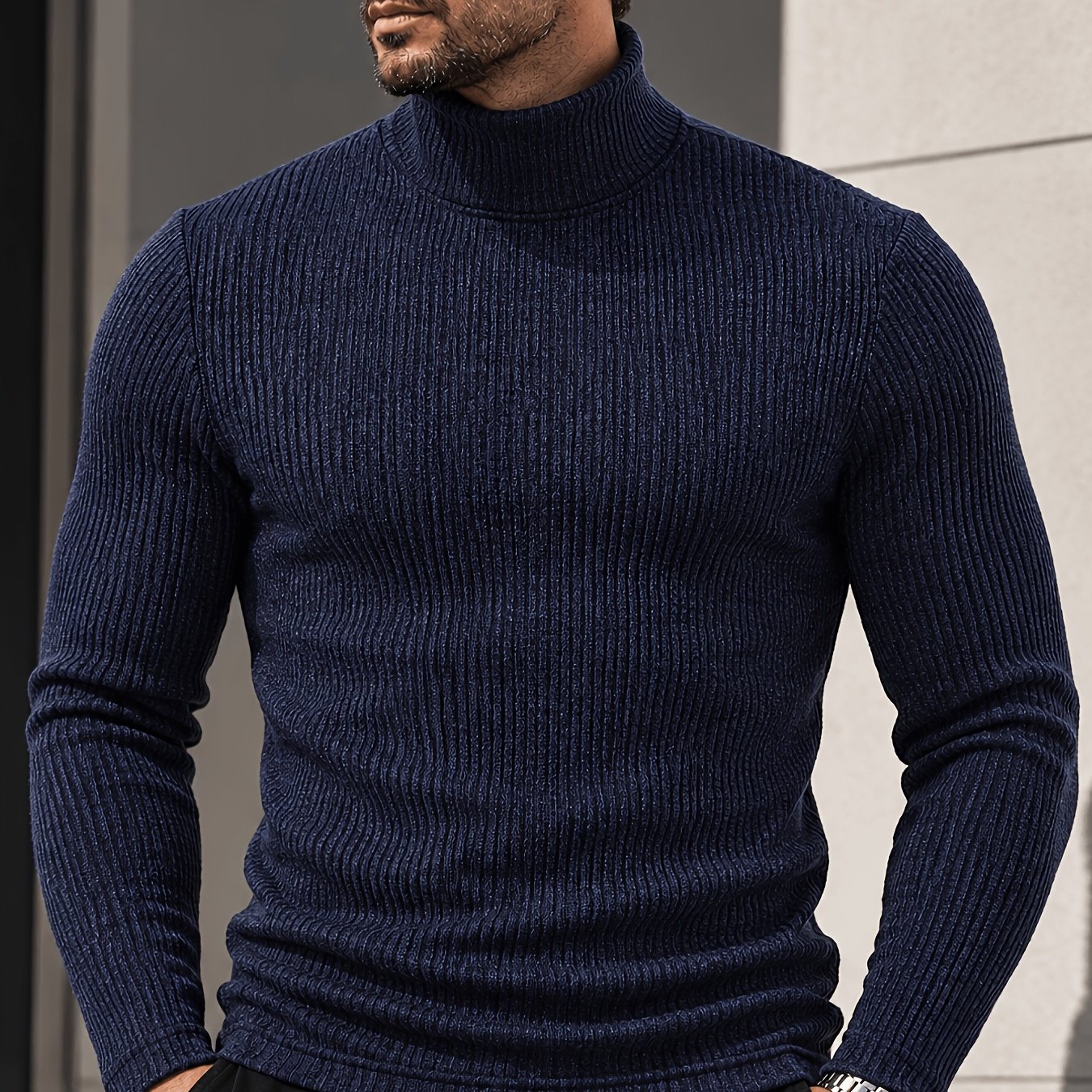 TEMU Men's Minimalist Urban Ribbed Knit-textured Turtleneck Long Sleeve Pullover, Slim Solid , For Daily Commuting, Urban Casual Wear, Layering, Fall