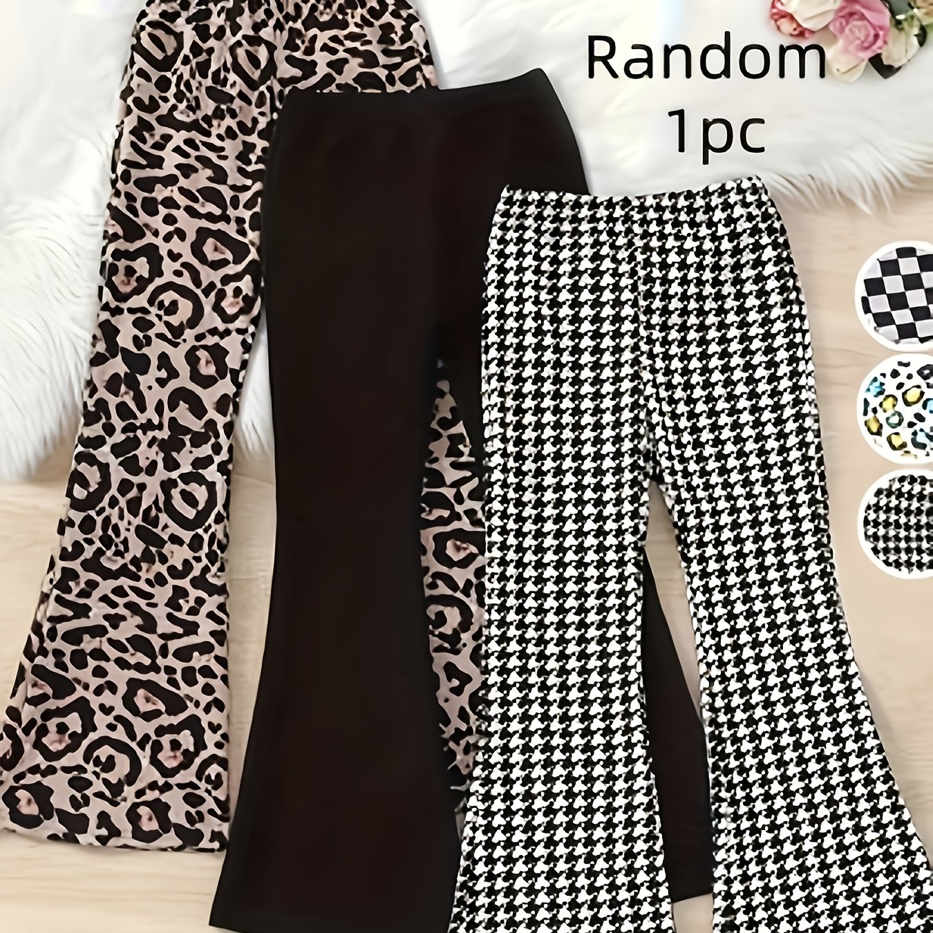 Image of Random 1pc Girls' Comfortable Elastic Leopard Print And And Black Flare Pants, Girls' Fashionable And Trendy Flare Pants For , Suitable 3 And Up, For Outdoor