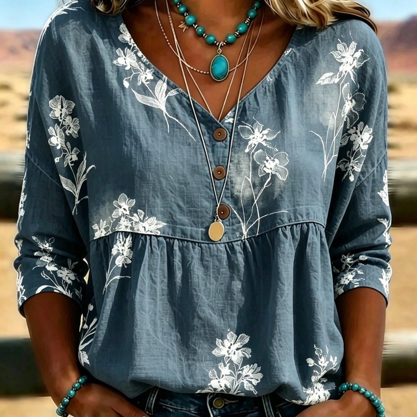 Women's Vintage Bohemian Print Shirt, V-neck, 3/4 Sleeves, Loose Casual Long Top, Western Style Shirt-35