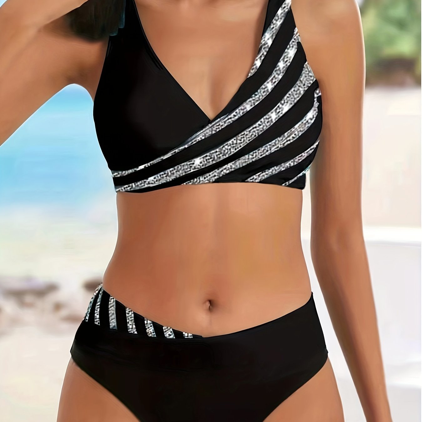 Striped Halter V Neck Bikini Tie Neck Medium Stretch Push - Temu New Zealand