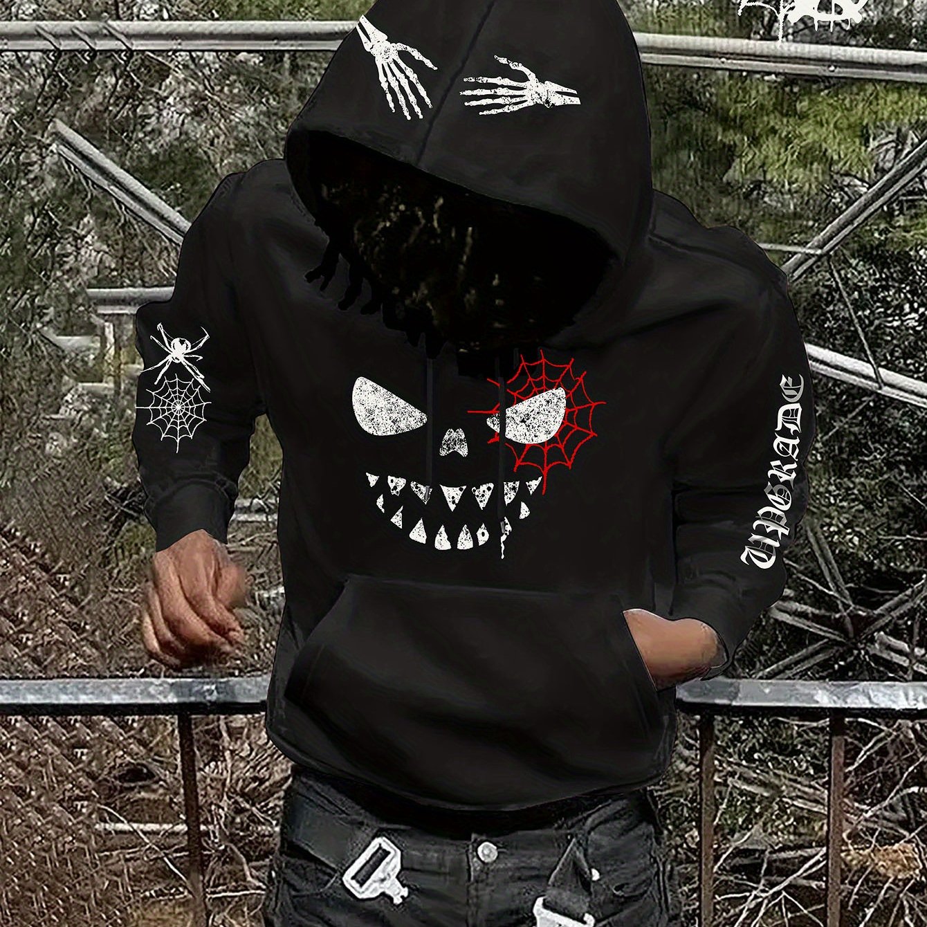 TEMU Sweat à capuche imprimé squelette toile d'araignée style Y2K pour hommes - Sweat à capuche doublé unisexe pull à manches longues vêtement