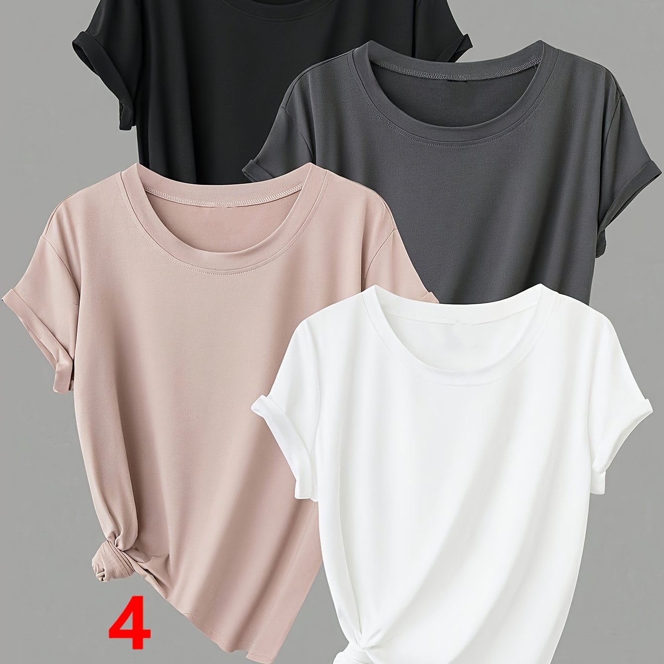 TEMU 4-teiliges Set locker geschnittener Kurzarm-T-Shirts mit Rundhalsausschnitt in Übergröße, neuer Sommerstil, Freizeit-Look