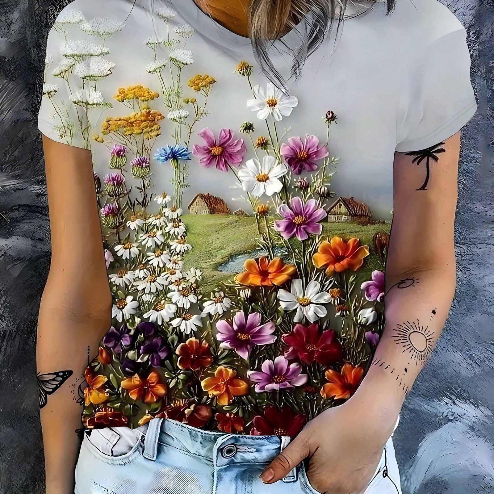 Ladies' Floral Print Design, Ladies' Fashionable Top, Ladies' Casual Elegant Round Neck Top