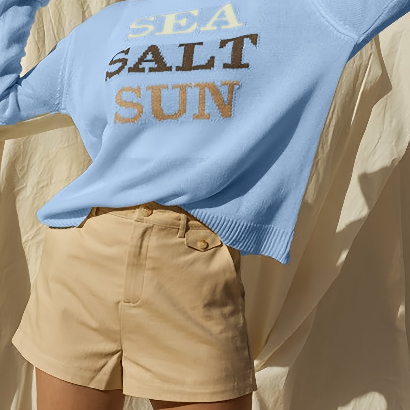 TEMU Lightweight Long-sleeve Pullover Sweater For Women, Featuring A Fitted Cut And Round Neck, Made From 100% Acrylic. This Short Top In 'sea Salt