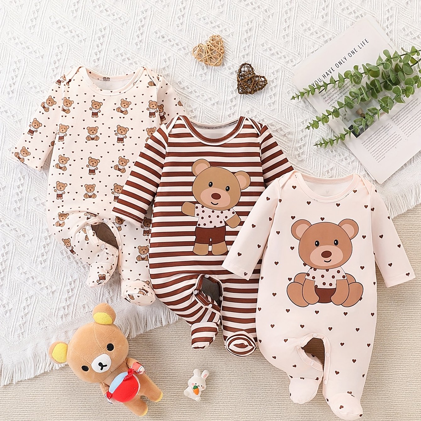 Image of 3pcs Set Children's Footed Bodysuit Romper, Bear Print Round Neck Long Sleeve Baby Crawling Suit, Soft Comfortable Elastic, For Outdoor, Boys And Girls Clothes