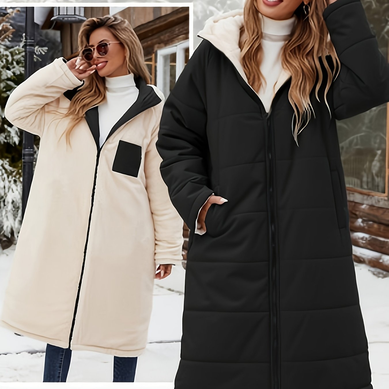 TEMU Winter New Long Padded Coat Fleece-lined Warm 's Hooded Reversible Jacket Premium Fabric Lightweight Warm Non-bulky Resists Cold Wind Protecting